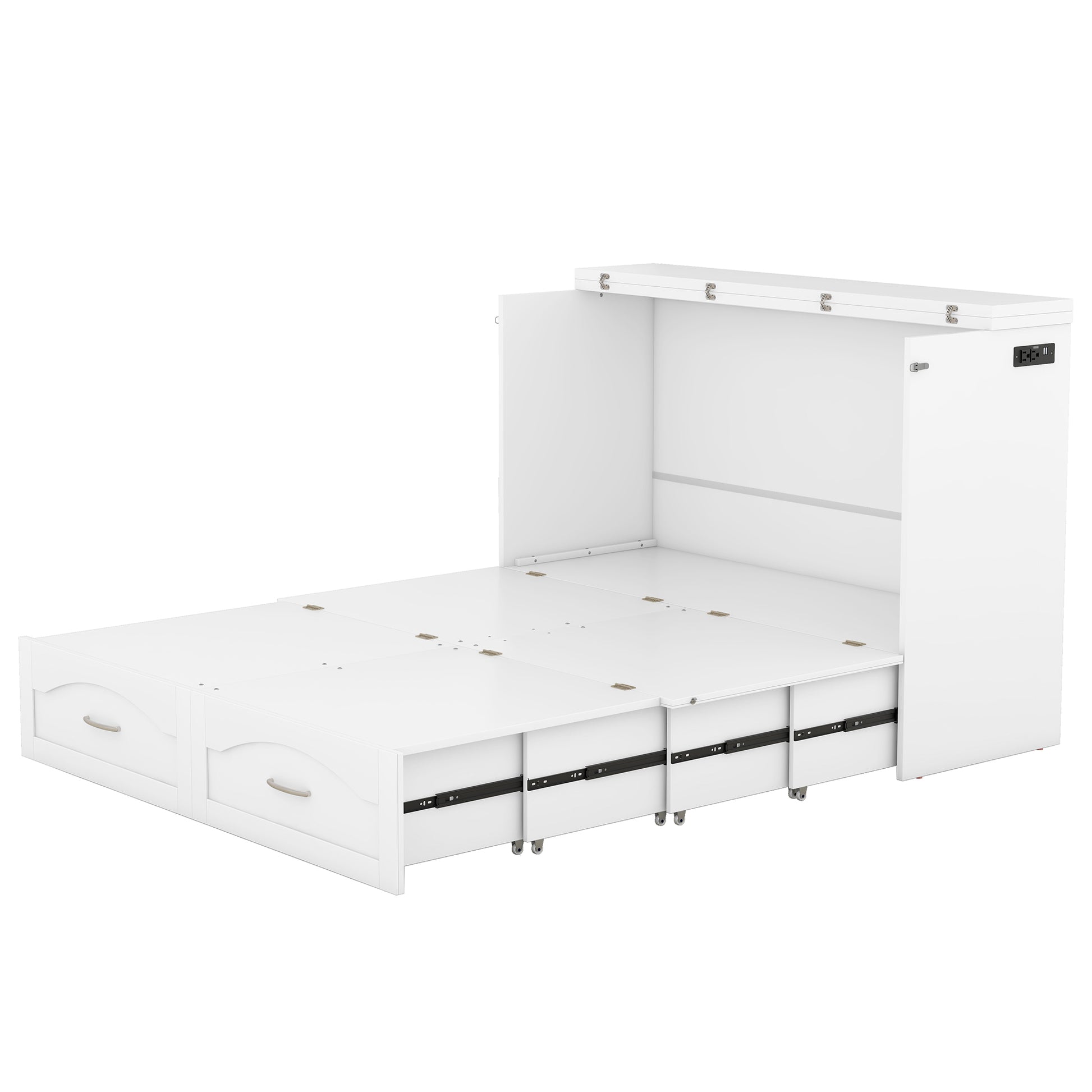 Full Size Murphy Bed Wall Bed With Drawer And A Set Of Sockets & Usb Ports, Pulley Structure Design, White White Solid Wood Mdf