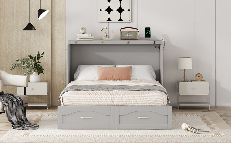 Full Size Murphy Bed Wall Bed With Drawer And A Set Of Sockets & Usb Ports, Pulley Structure Design, Gray Gray Solid Wood Mdf