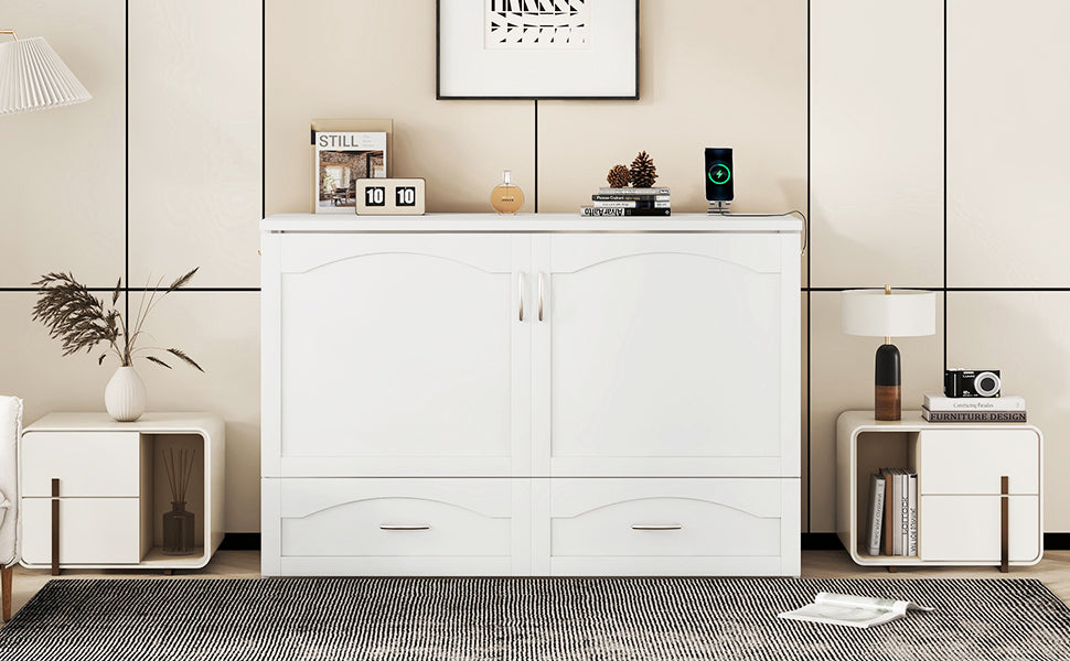 Queen Size Murphy Bed Wall Bed With Drawer And A Set Of Sockets & Usb Ports, Pulley Structure Design, White White Solid Wood Mdf