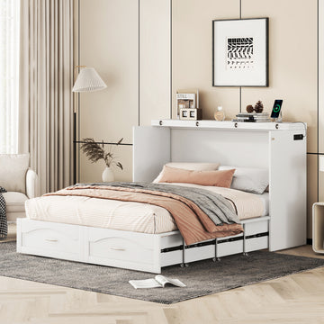Queen Size Murphy Bed Wall Bed With Drawer And A Set Of Sockets & Usb Ports, Pulley Structure Design, White White Solid Wood Mdf