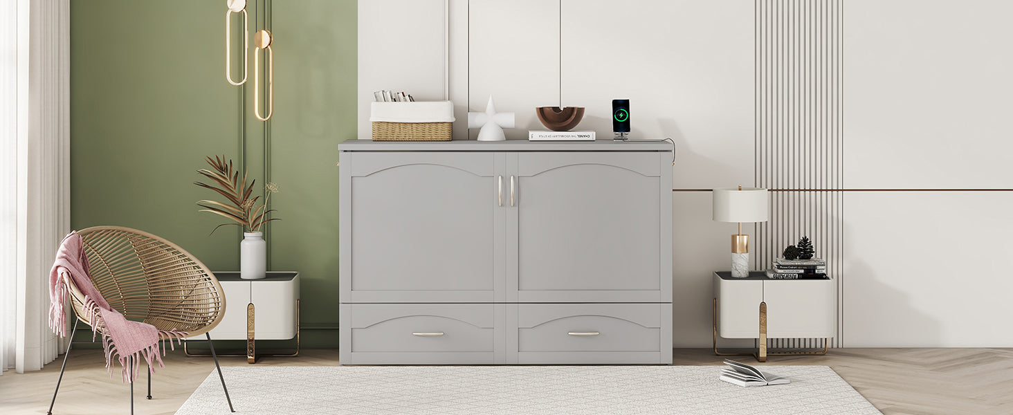 Queen Size Murphy Bed Wall Bed With Drawer And A Set Of Sockets & Usb Ports, Pulley Structure Design, Gray Gray Solid Wood Mdf