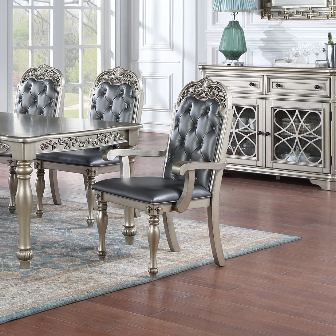 Traditional Silver Grey Finish 9Pc Dining Set Table W 2X Arm Chairs 6X Side Chairs Rubber Wood Intricate Design Tufted Back Cushion Seat Dining Room Furniture Gray Wood Dining Room Extendable Rubberwood Rectangular Dining Table With Chair Upholstered