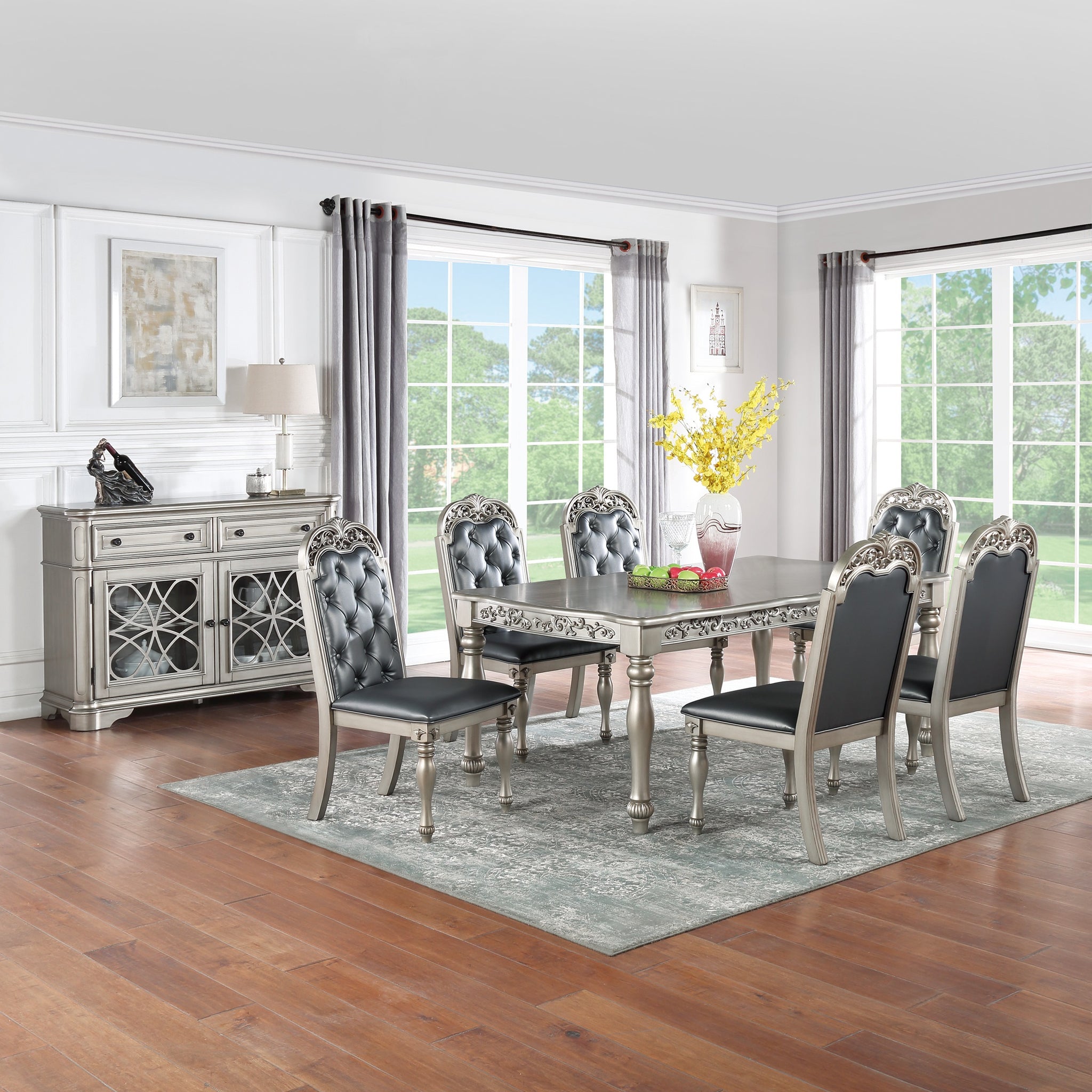 Traditional Formal Silver Grey Finish 7Pc Dining Set Table W 6X Side Chairs Rubber Wood Intricate Design Tufted Back Cushion Seat Dining Room Furniture Gray Wood Dining Room Rubberwood Rectangular Dining Table With Chair Upholstered Chair Wood Gray