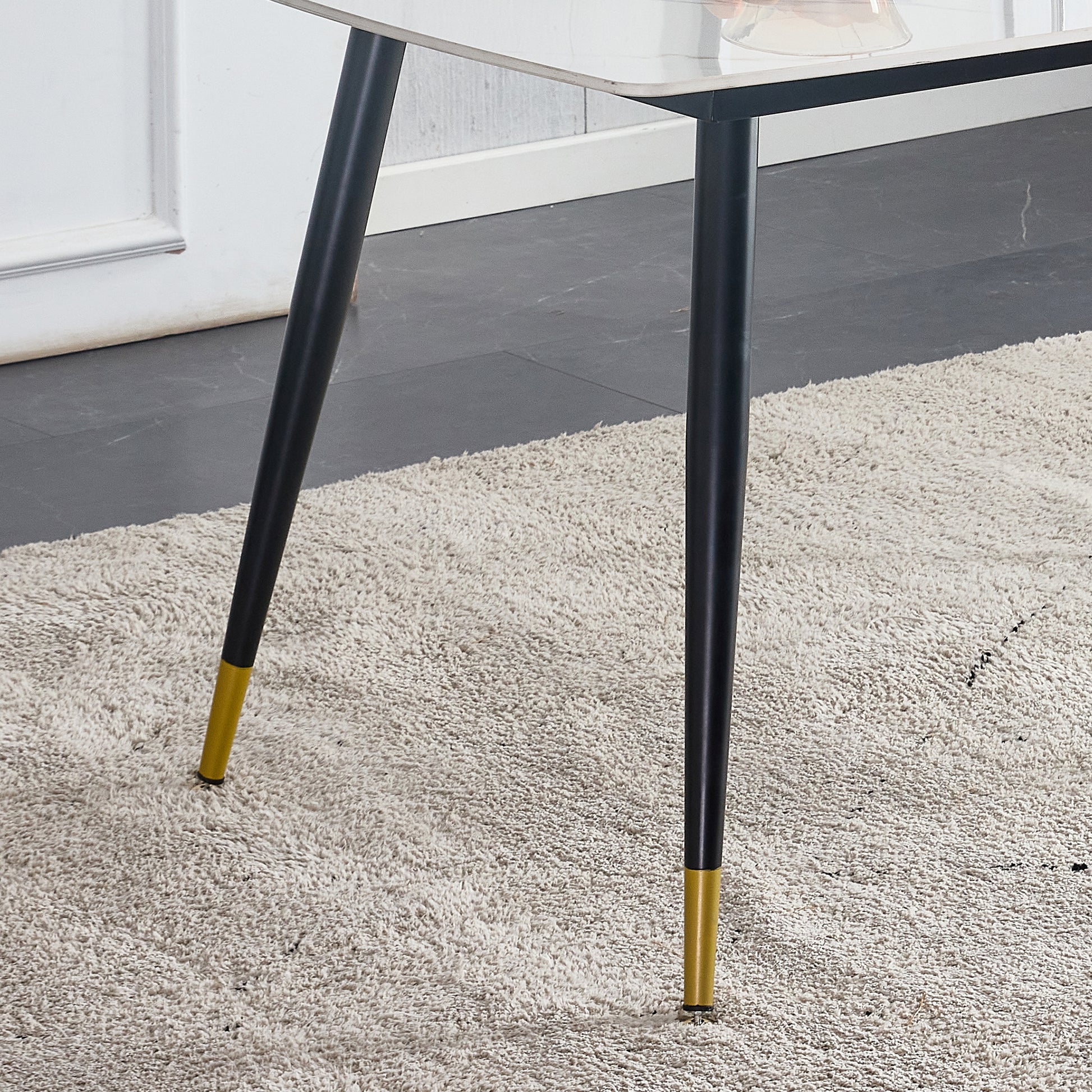 Table And Chair Set. White Imitation Marble Stone Tabletop With Black Metal Legs. Black Pu Leather Backrest And Black Metal Leg Chair. 1 Table And 4 Chairs F 001 C 007 White Sintered Stone