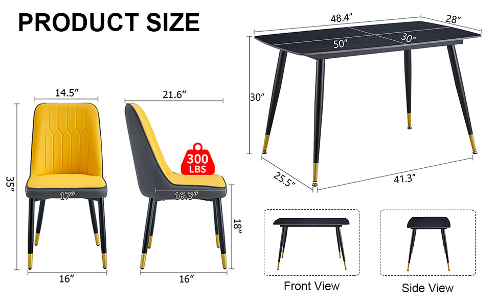 Table And Chair Set. Black Sintered Stone Tabletop With Black Metal Legs. Orange Deep Gray Dual Tone Pu Leather Backrest And Black Metal Leg Chair. 1 Table And 4 Chairs F 001 C 007 Black Sintered Stone