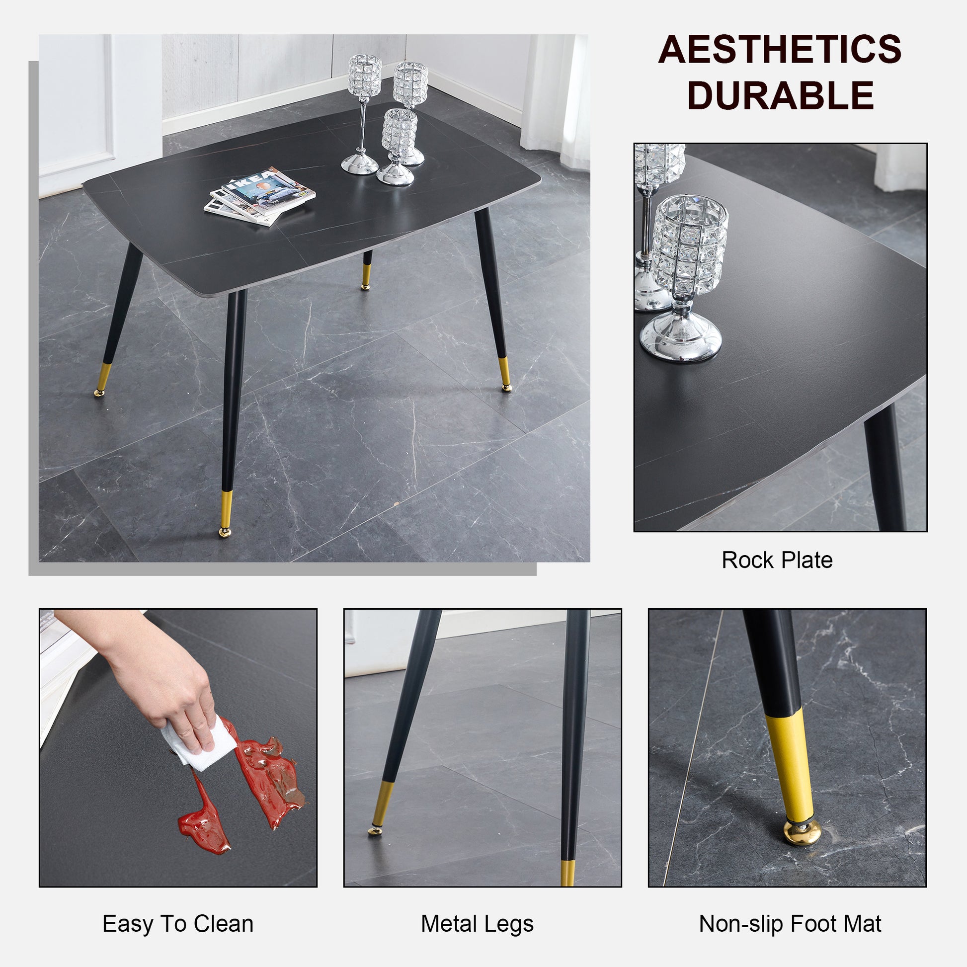 Table And Chair Set. Black Sintered Stone Tabletop With Black Metal Legs.Black Pu Leather Backrest And Black Metal Leg Chair. 1 Table And 4 Chairs F 001 C 007 Black Sintered Stone