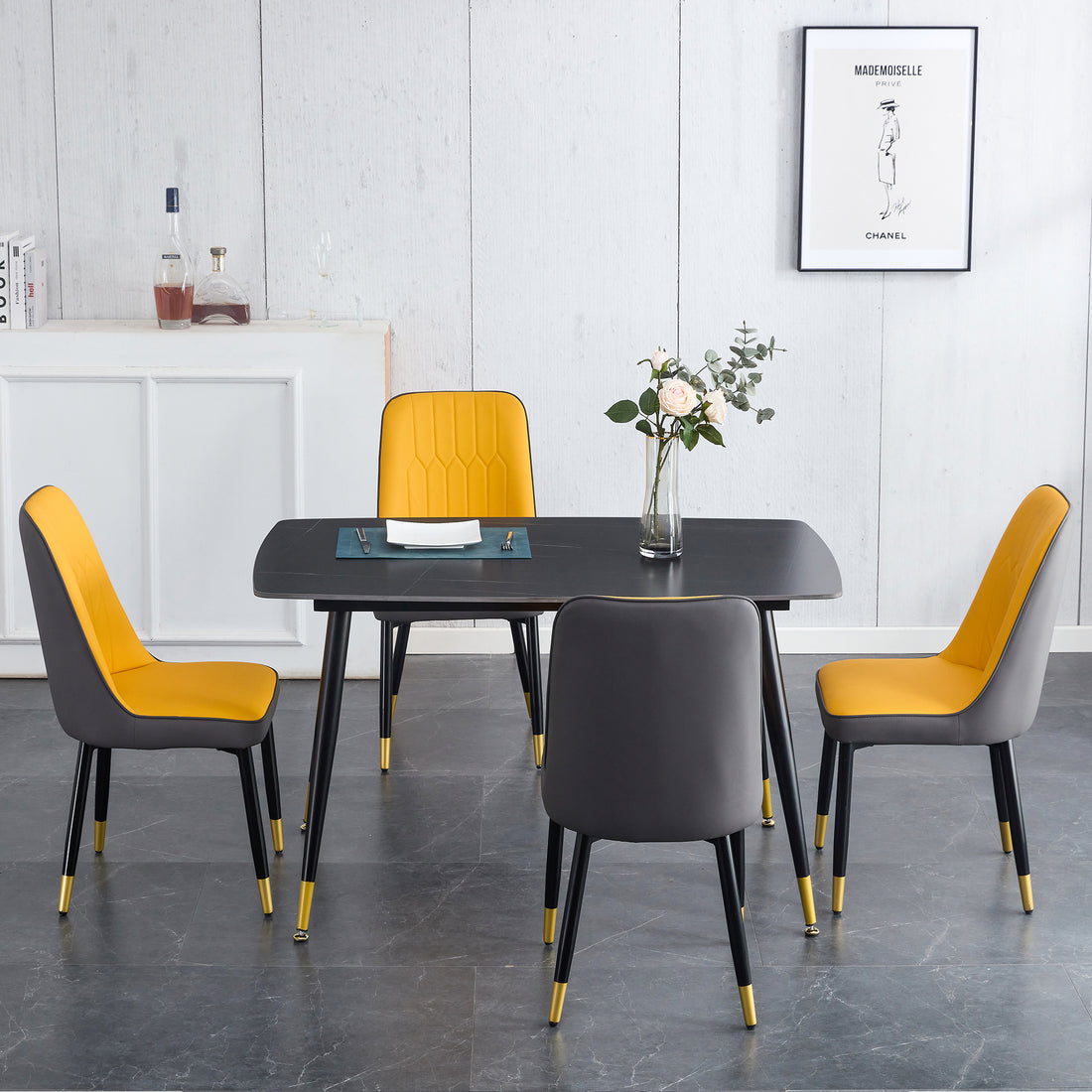Table And Chair Set. Black Sintered Stone Tabletop With Black Metal Legs. Orange Deep Gray Dual Tone Pu Leather Backrest And Black Metal Leg Chair. 1 Table And 4 Chairs F 001 C 007 Black Sintered Stone