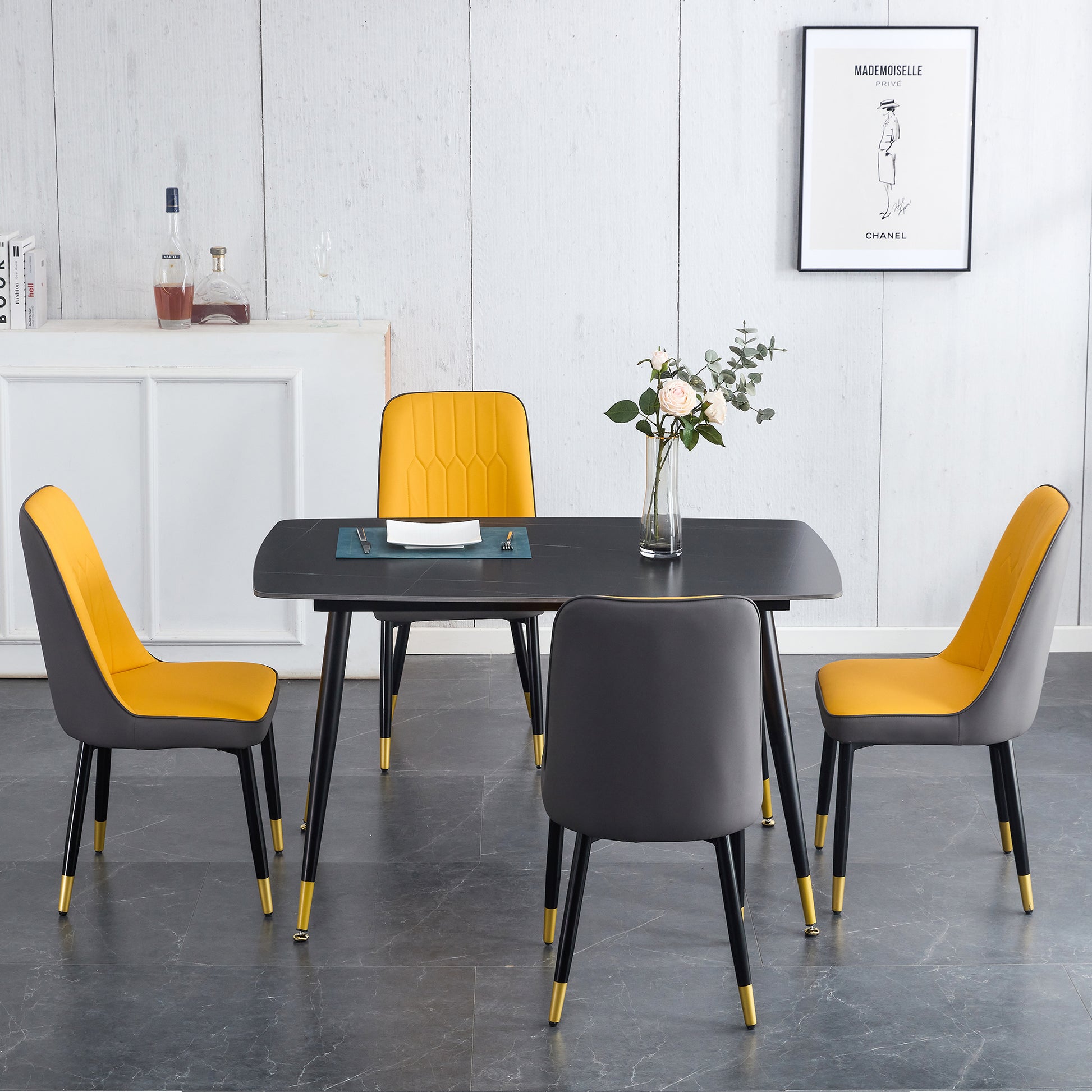 Table And Chair Set. Black Sintered Stone Tabletop With Black Metal Legs. Orange Deep Gray Dual Tone Pu Leather Backrest And Black Metal Leg Chair. 1 Table And 4 Chairs F 001 C 007 Black Sintered Stone