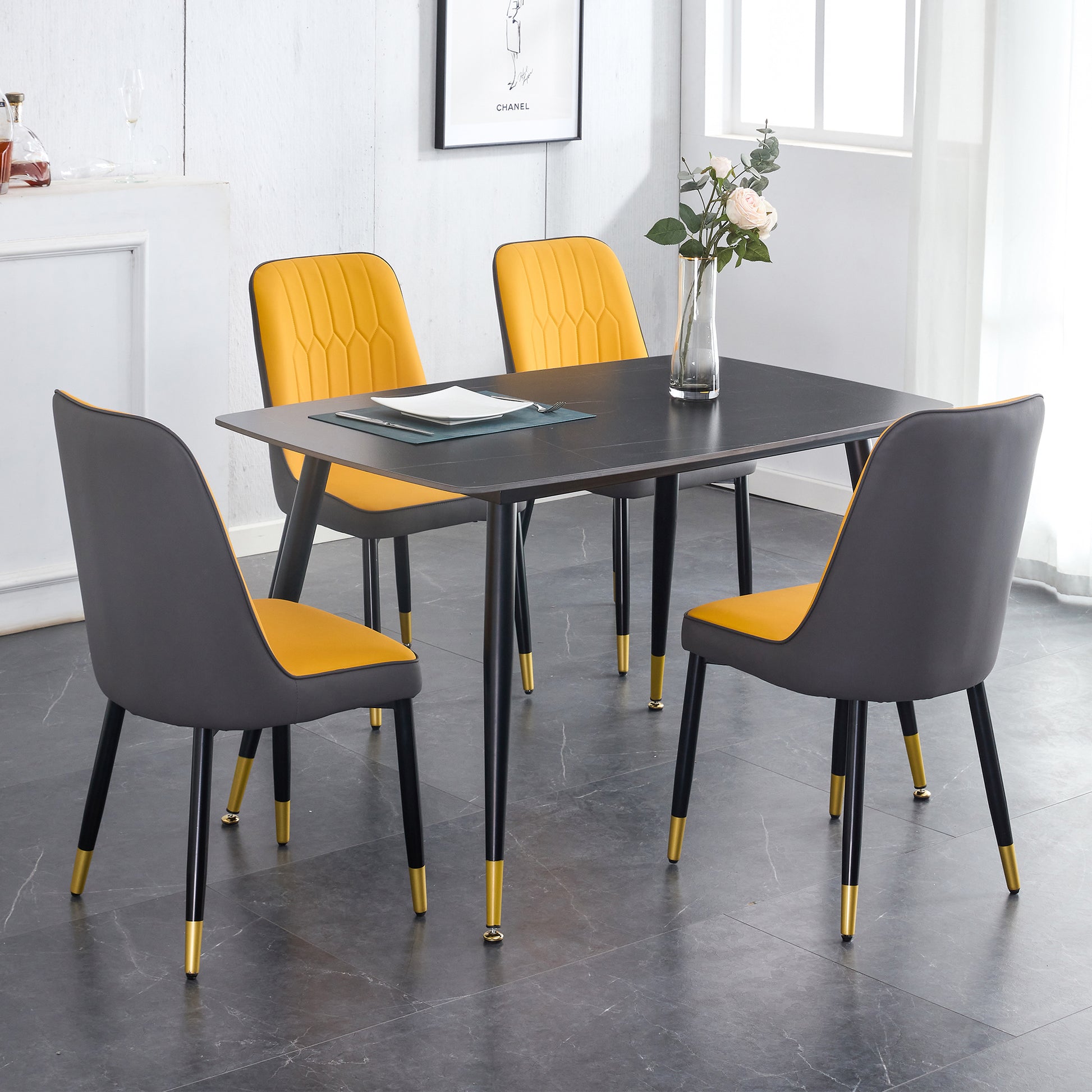 Table And Chair Set. Black Sintered Stone Tabletop With Black Metal Legs. Orange Deep Gray Dual Tone Pu Leather Backrest And Black Metal Leg Chair. 1 Table And 4 Chairs F 001 C 007 Black Sintered Stone