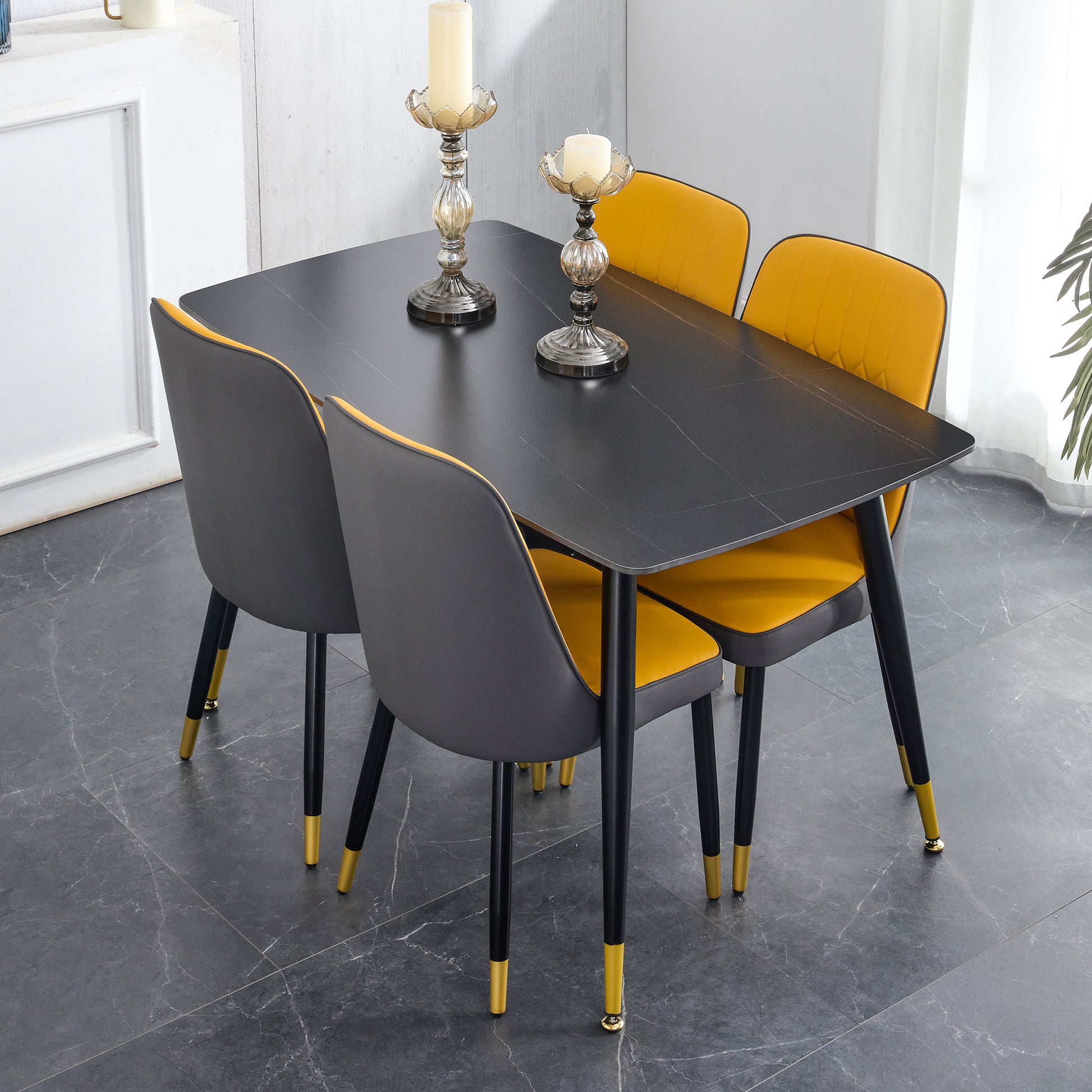 Table And Chair Set. Black Sintered Stone Tabletop With Black Metal Legs. Orange Deep Gray Dual Tone Pu Leather Backrest And Black Metal Leg Chair. 1 Table And 4 Chairs F 001 C 007 Black Sintered Stone