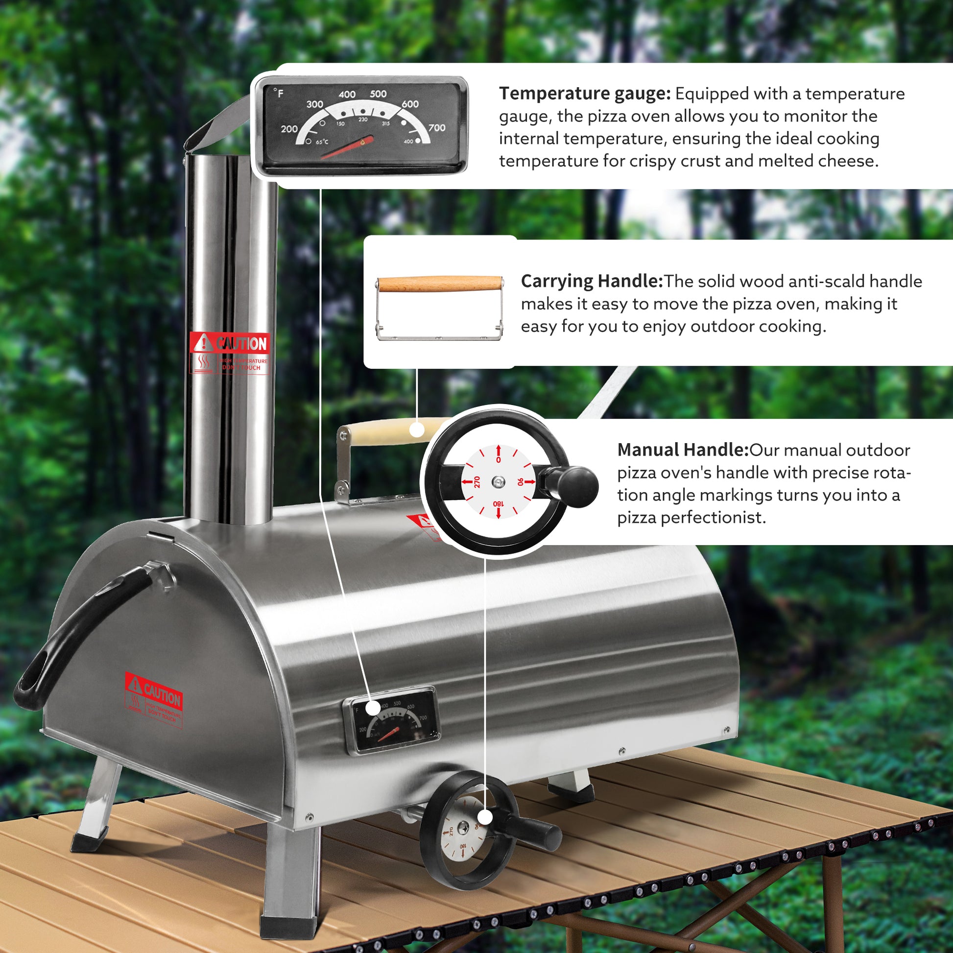 Silver Pizza Oven Outdoor 12" Semi Automatic Rotatable Pizza Ovens Portable Stainless Steel Wood Fired Pizza Oven Pizza Maker With Built In Thermometer Pizza Cutter Carry Bag Silver Garden & Outdoor American Design Stainless Steel Stainless Steel