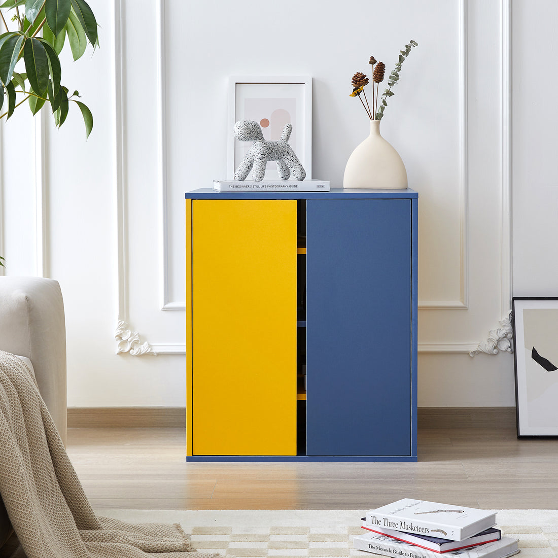 Storage Cabinet Modern Coffee Bar Cabinet Large Capacity Storage Cabinet With 3 Adjustable Shelves For Living Room, Yellow & Blue Blue Yellow Modern Engineered Wood