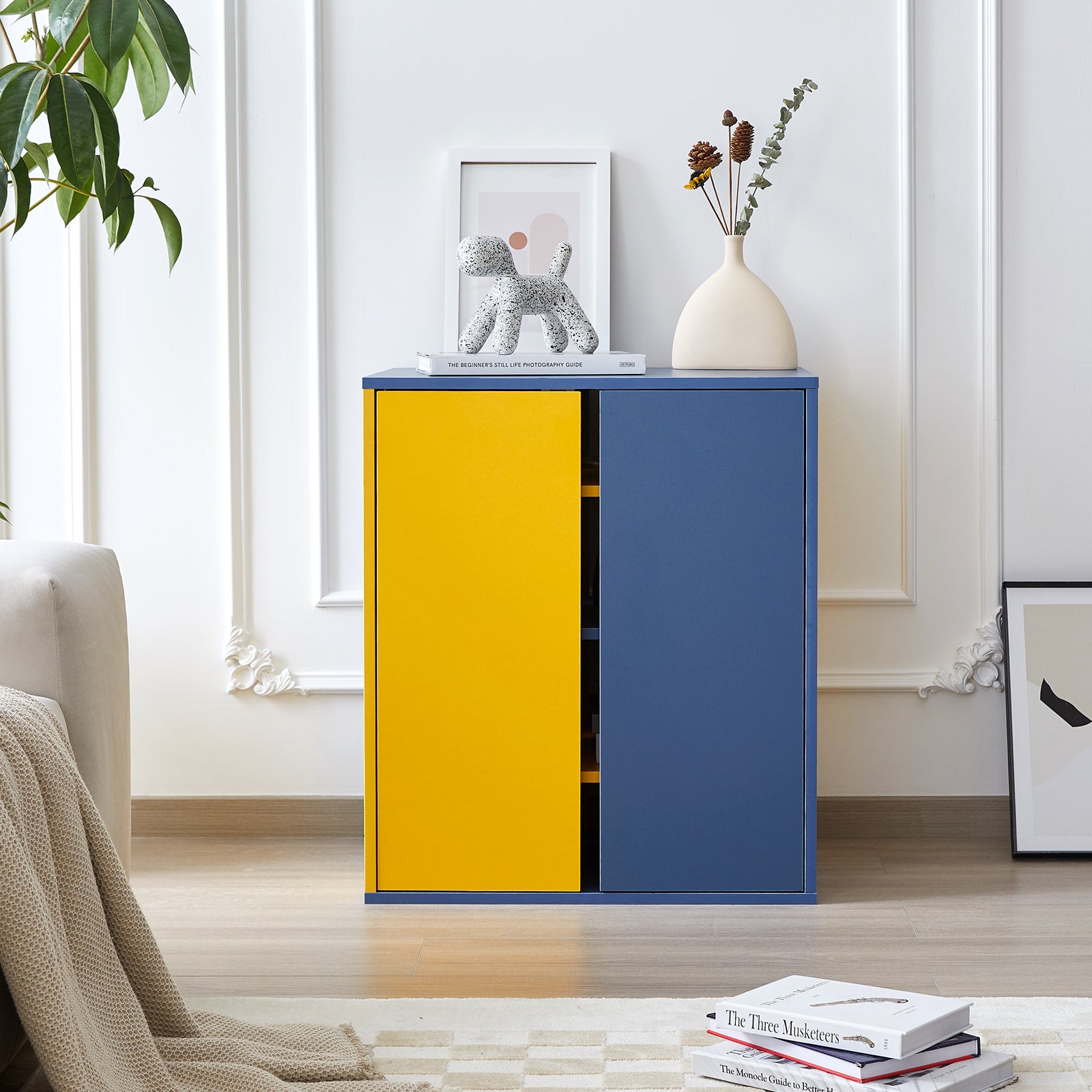Storage Cabinet Modern Coffee Bar Cabinet Large Capacity Storage Cabinet With 3 Adjustable Shelves For Living Room, Yellow & Blue Blue Yellow Modern Engineered Wood