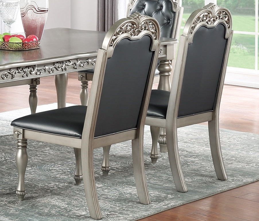 Traditional Formal Silver Grey Finish 7Pc Dining Set Table W 6X Side Chairs Rubber Wood Intricate Design Tufted Back Cushion Seat Dining Room Furniture Gray Wood Dining Room Rubberwood Rectangular Dining Table With Chair Upholstered Chair Wood Gray