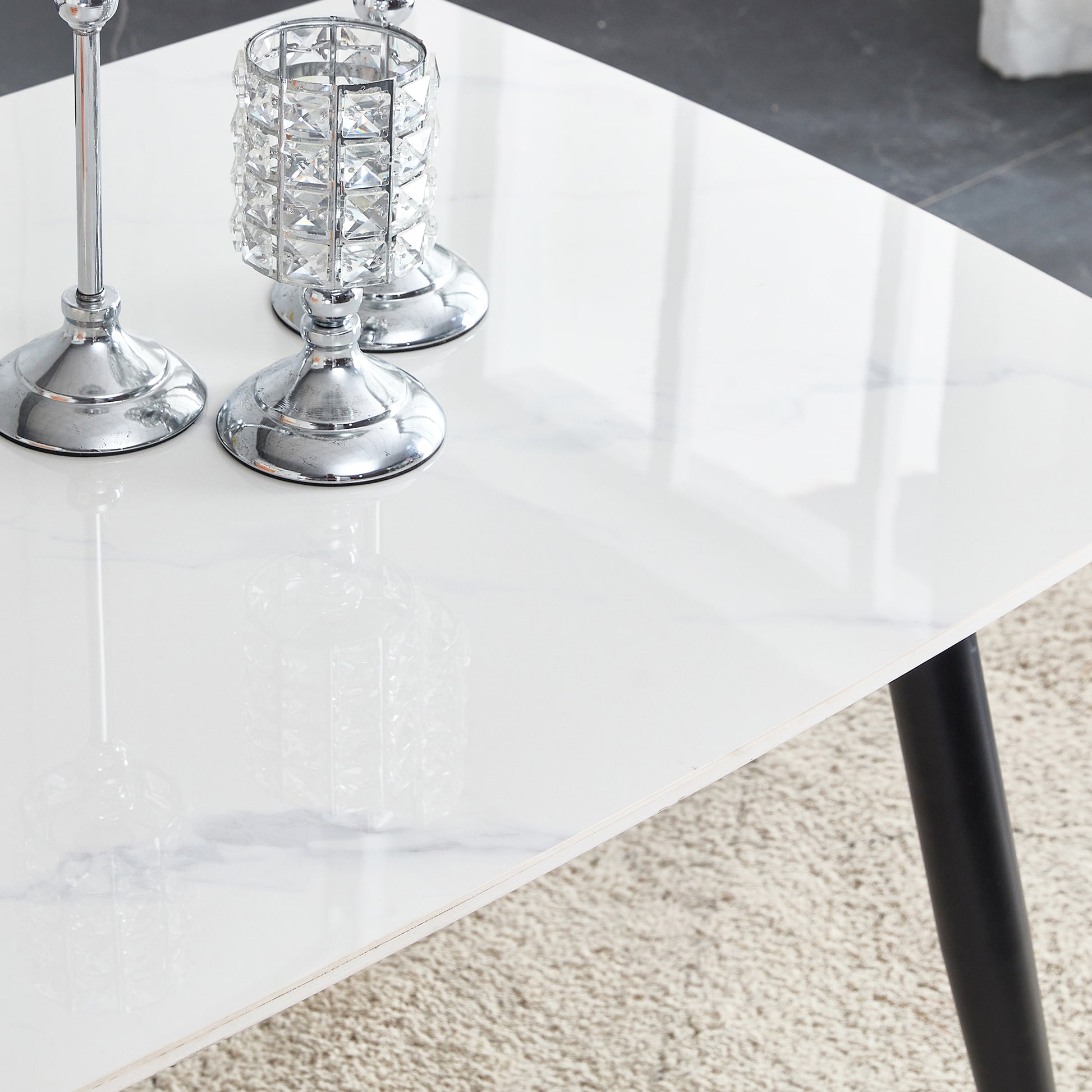 Table And Chair Set. White Imitation Marble Patterned Burnt Stone Tabletop With Black Metal Legs. Orange Deep Gray Dual Tone Pu Leather Backrest And Black Metal Leg Chair. 1 Table And 4 Chairs 001 007 White Sintered Stone