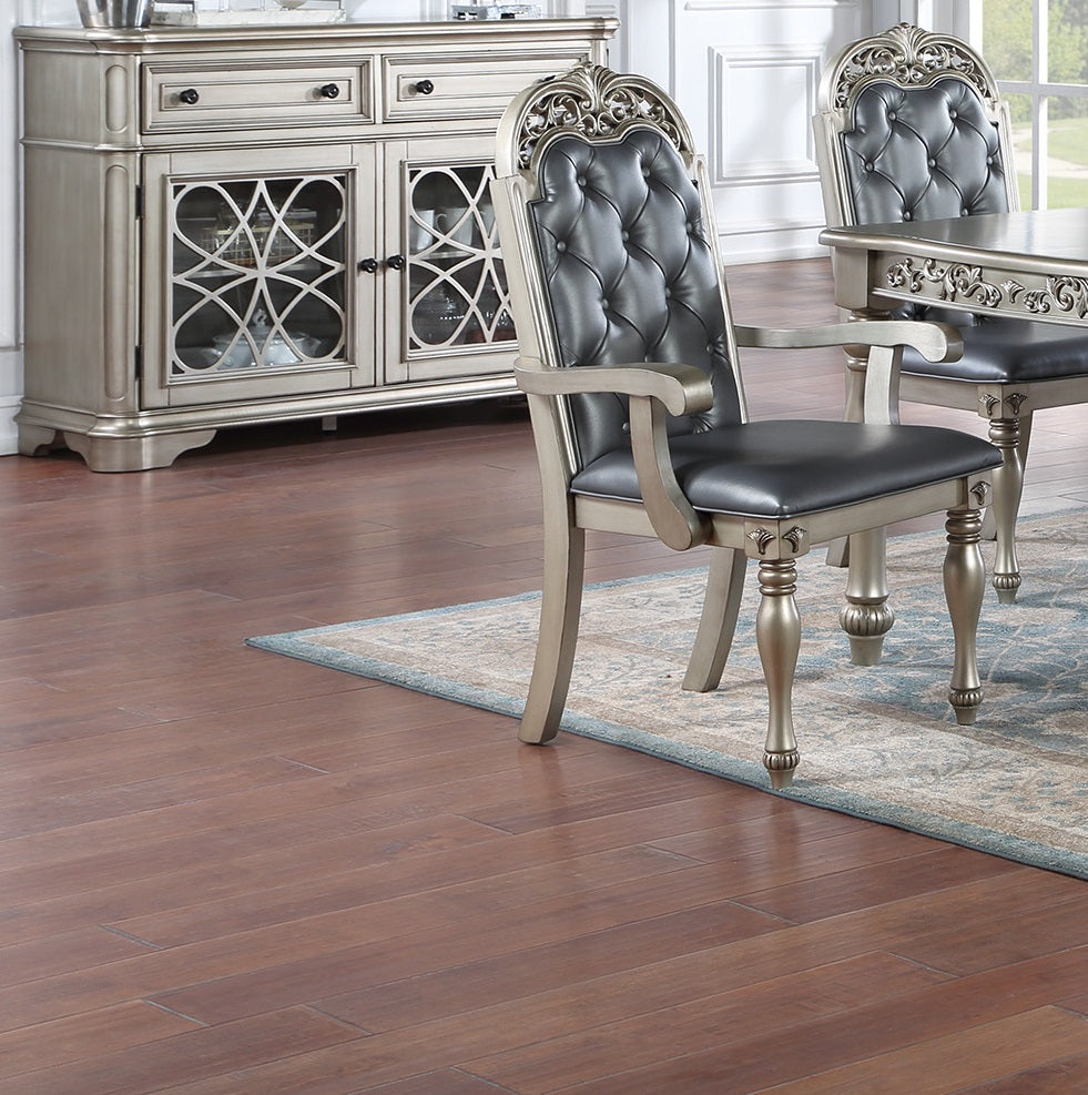 Traditional Silver Grey Finish 9Pc Dining Set Table W 2X Arm Chairs 6X Side Chairs Rubber Wood Intricate Design Tufted Back Cushion Seat Dining Room Furniture Gray Wood Dining Room Extendable Rubberwood Rectangular Dining Table With Chair Upholstered