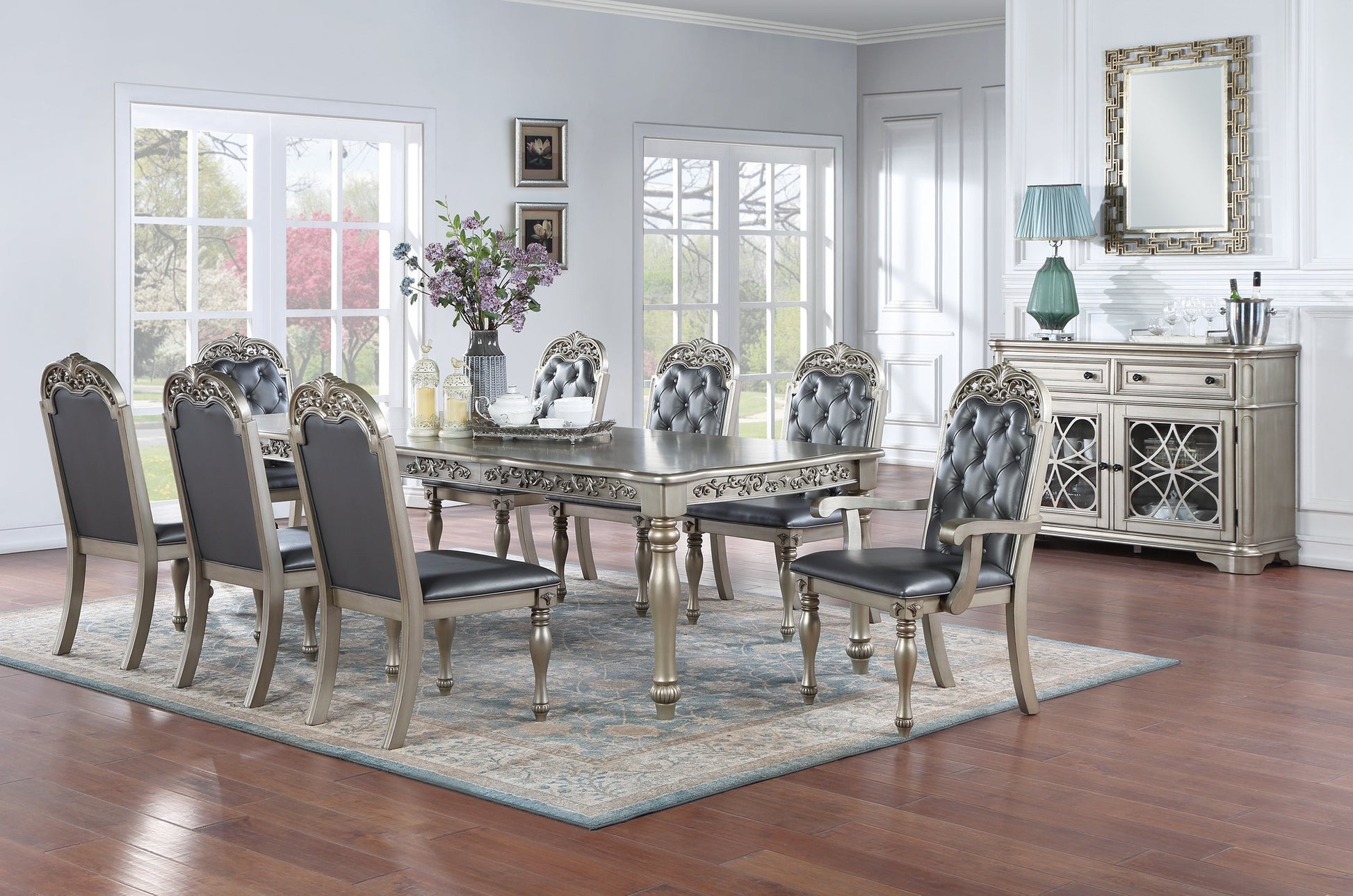 Formal 1Pc Dining Table W 2X Leaves Only Silver Grey Finish Antique Design Rubberwood Large Family Dining Room Furniture Silver Grey Gray Dining Room Antique,Traditional Rubberwood Rectangular Kitchen & Dining Tables Rubber Wood