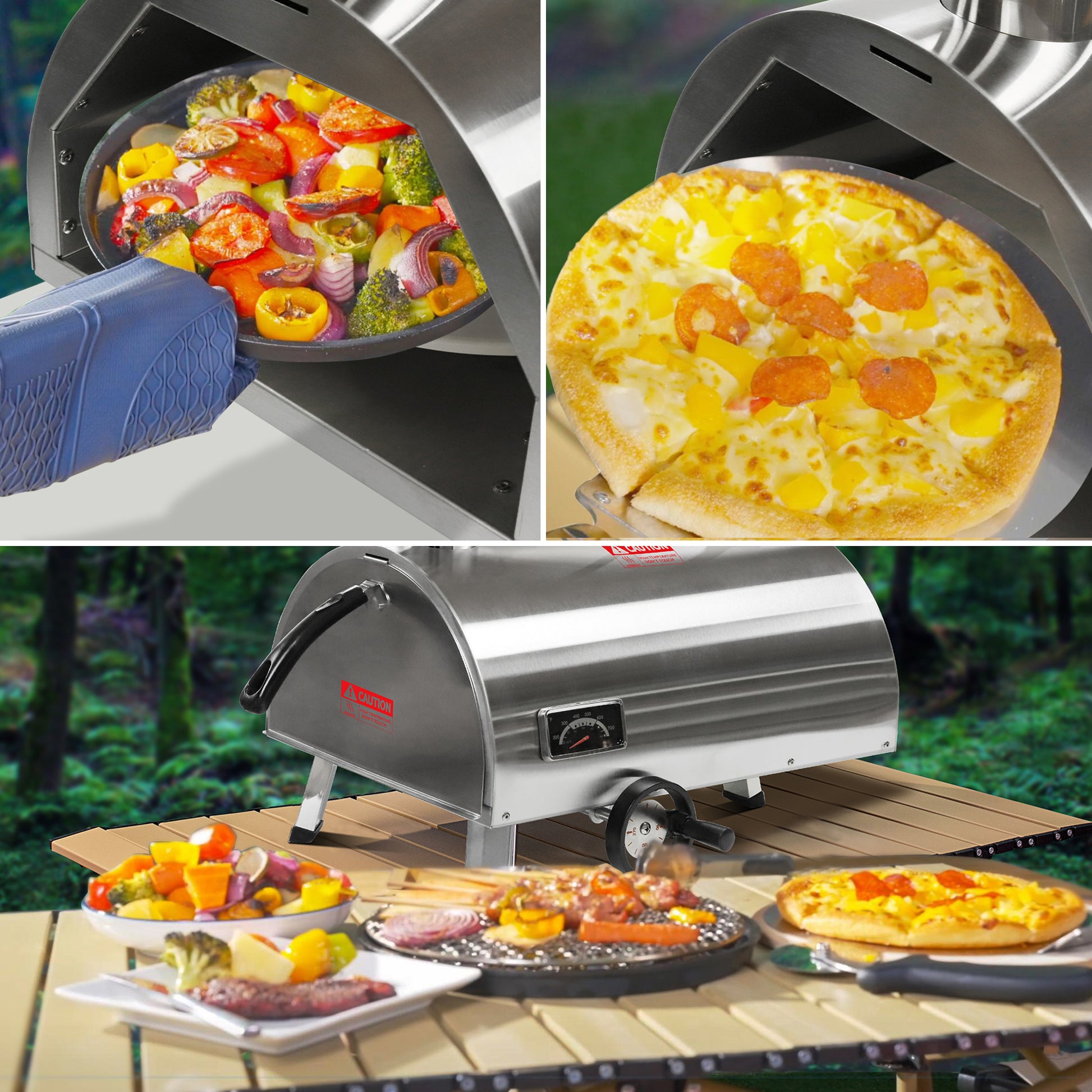 Silver Pizza Oven Outdoor 12" Semi Automatic Rotatable Pizza Ovens Portable Stainless Steel Wood Fired Pizza Oven Pizza Maker With Built In Thermometer Pizza Cutter Carry Bag Silver Garden & Outdoor American Design Stainless Steel Stainless Steel