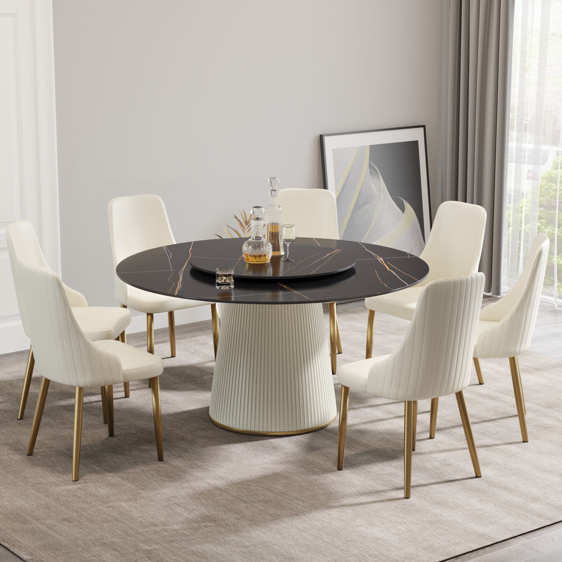 59.05 "Modern Black Artificial Stone Round Beige Plywood Pu Base Dining Table Can Accommodate 8 People 31.5"Black Artificial Stone Turntable Not Including Chairs. Black Dining Room Plywood Sintered Stone