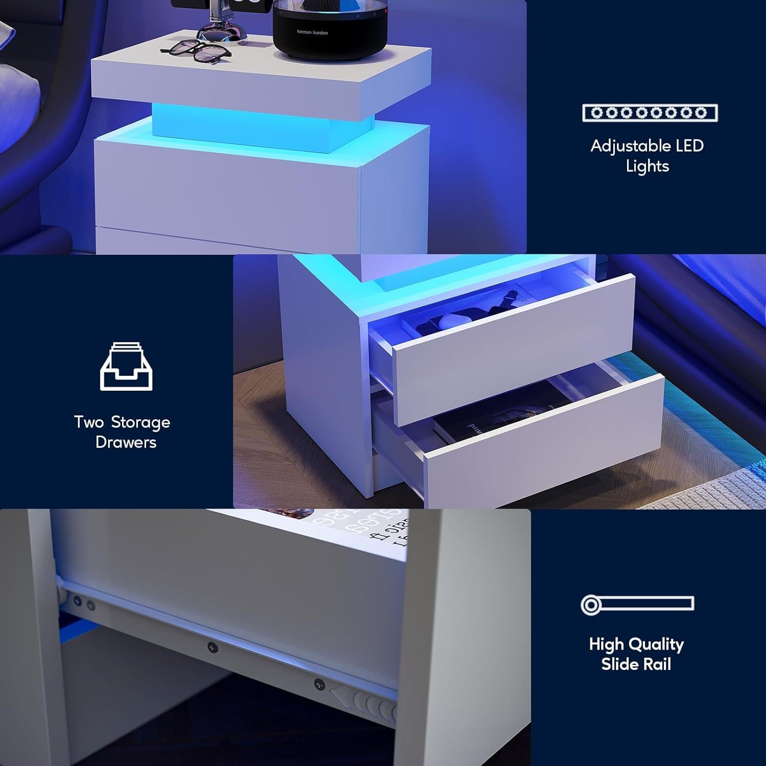 Nightstand Led Bedside Table Cabinet Lights Modern End Side With 2 Drawers For Bedroom White White 2 Drawers Bedroom Drawer Storage American Design,American Traditional,Boho,Casual,Classic Drawers White Wood Engineered Wood
