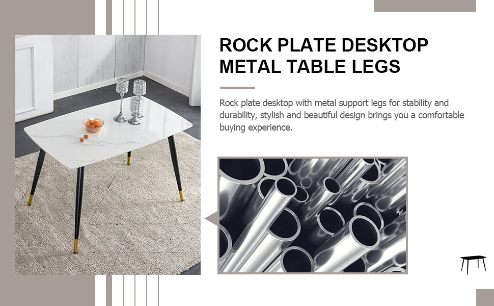 Table And Chair Set. White Imitation Marble Stone Tabletop With Black Metal Legs. Black Pu Leather Backrest And Black Metal Leg Chair. 1 Table And 4 Chairs F 001 C 007 White Sintered Stone