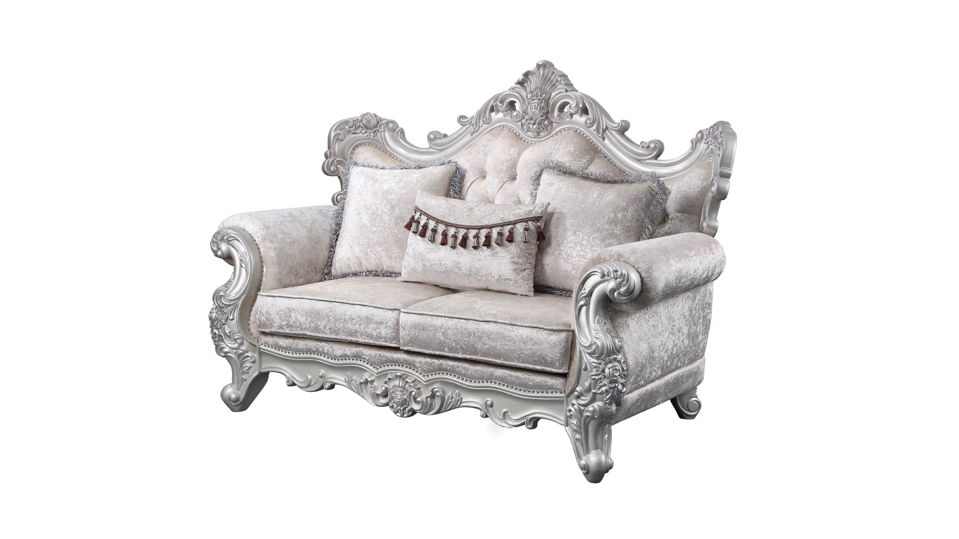 Melrose 2Pc Traditional Living Room Set In Champagne With Silver Brush Silver Gray Chenille Wood Primary Living Space Traditional Wood 5 Seat