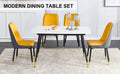Table And Chair Set. White Imitation Marble Patterned Burnt Stone Tabletop With Black Metal Legs. Orange Deep Gray Dual Tone Pu Leather Backrest And Black Metal Leg Chair. 1 Table And 4 Chairs 001 007 White Sintered Stone