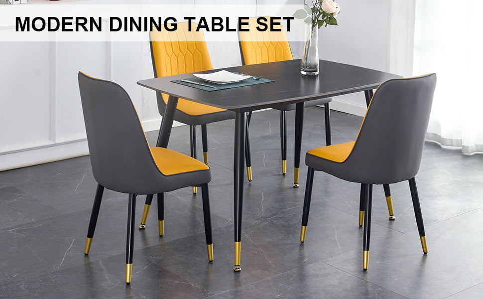 Table And Chair Set. Black Sintered Stone Tabletop With Black Metal Legs. Orange Deep Gray Dual Tone Pu Leather Backrest And Black Metal Leg Chair. 1 Table And 4 Chairs F 001 C 007 Black Sintered Stone