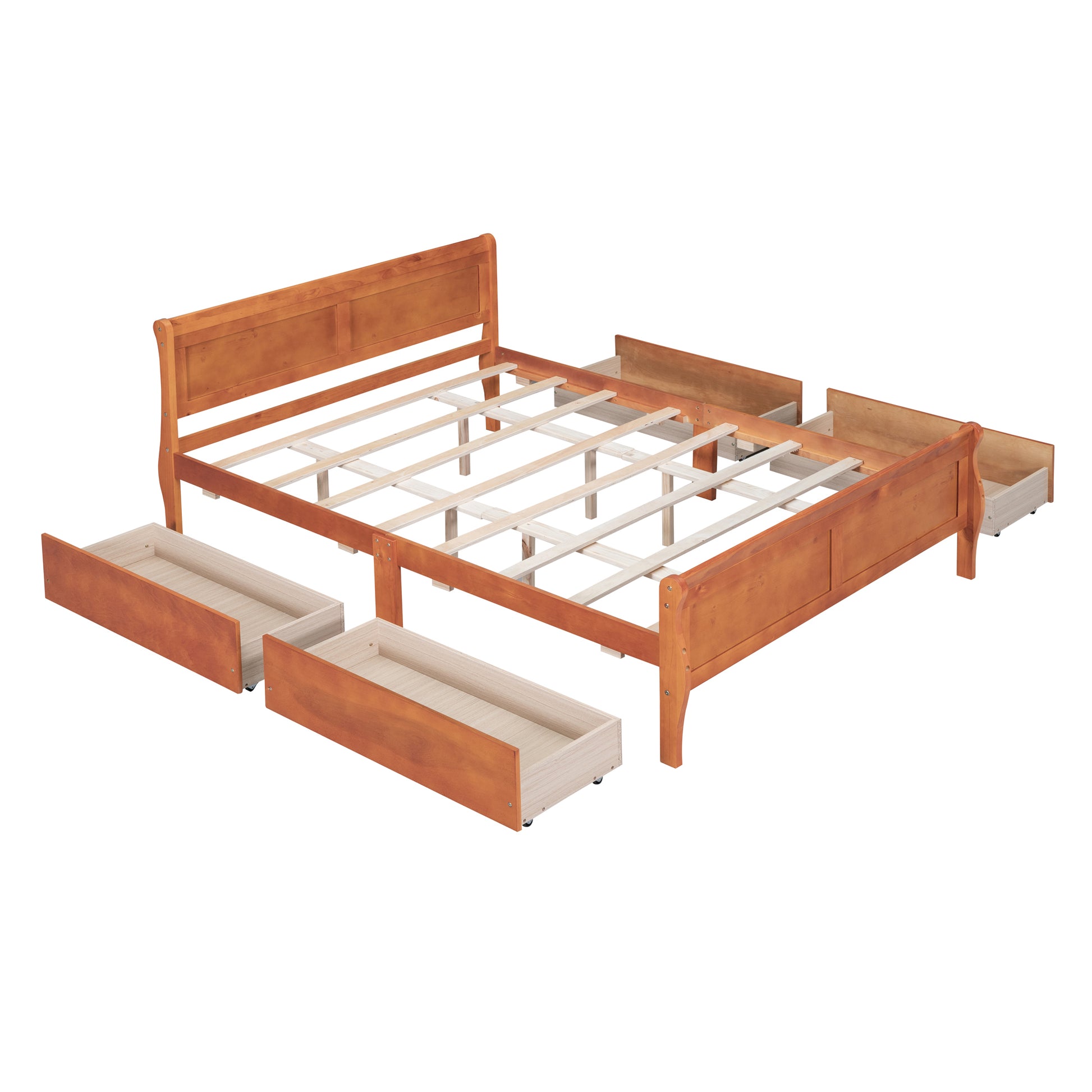 Queen Size Wood Platform Bed With 4 Drawers And Streamlined Headboard & Footboard, Oak Queen Oak Solid Wood Mdf