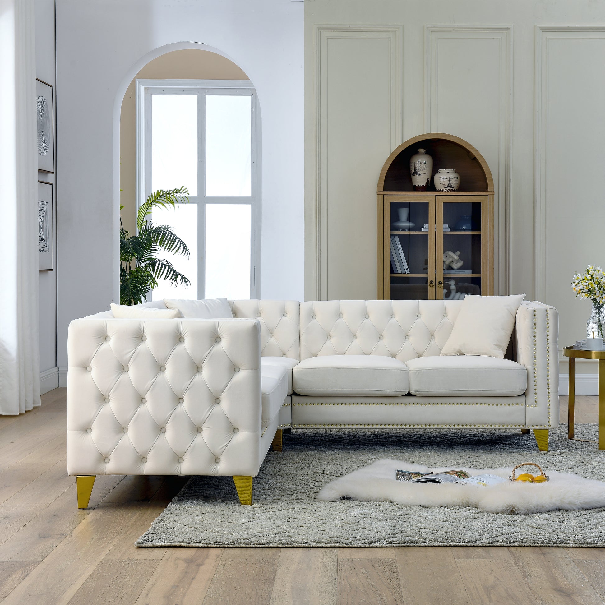 82.2 Inch Velvet Corner Sofal Shaped Sectional Couch, 5 Seater Corner Sofas With 3 Cushions For Living Room, Bedroom, Apartment, Office Beige Foam Velvet