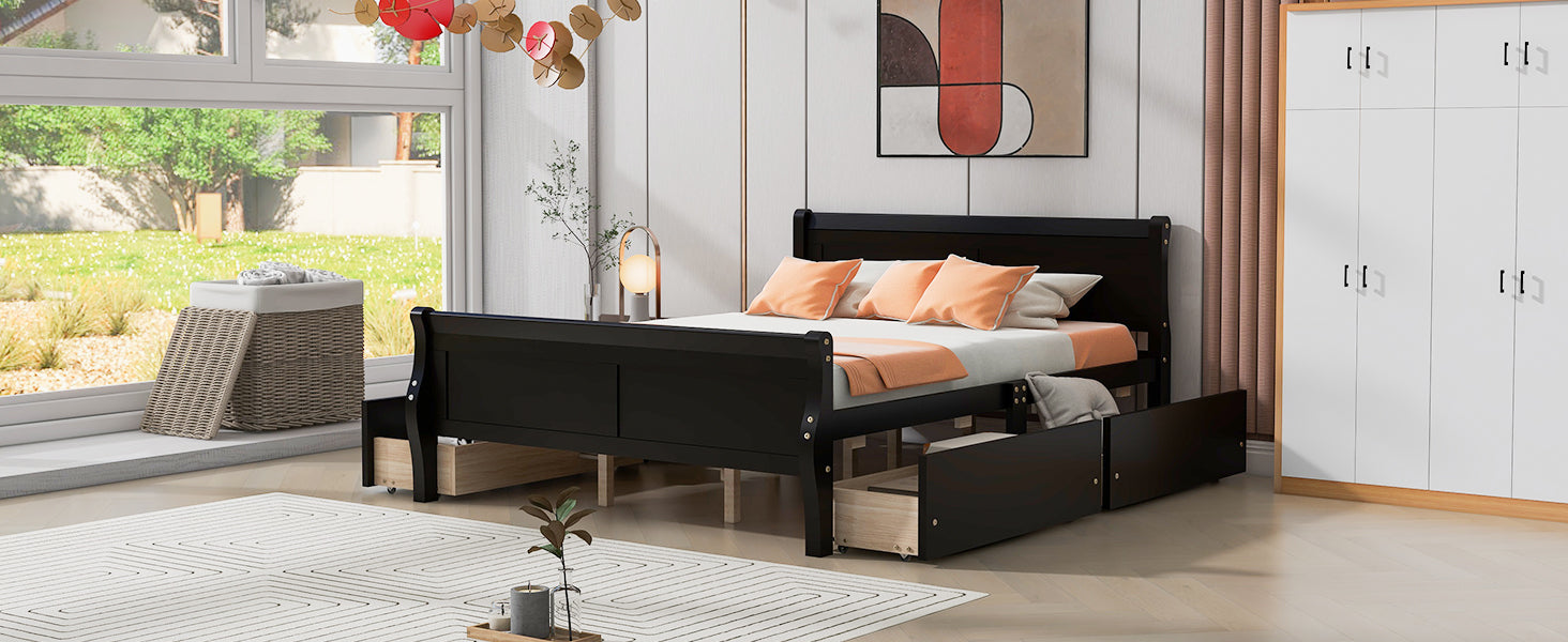 Queen Size Wood Platform Bed With 4 Drawers And Streamlined Headboard & Footboard, Espresso Queen Espresso Solid Wood Mdf