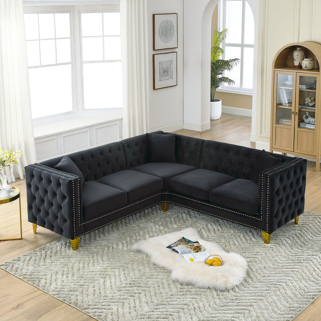 82.2 Inch Velvet Corner Sofa, L Shaped Sectional Couch, 5 Seater Corner Sofas With 3 Cushions For Living Room, Bedroom, Apartment, Office Black Foam Velvet