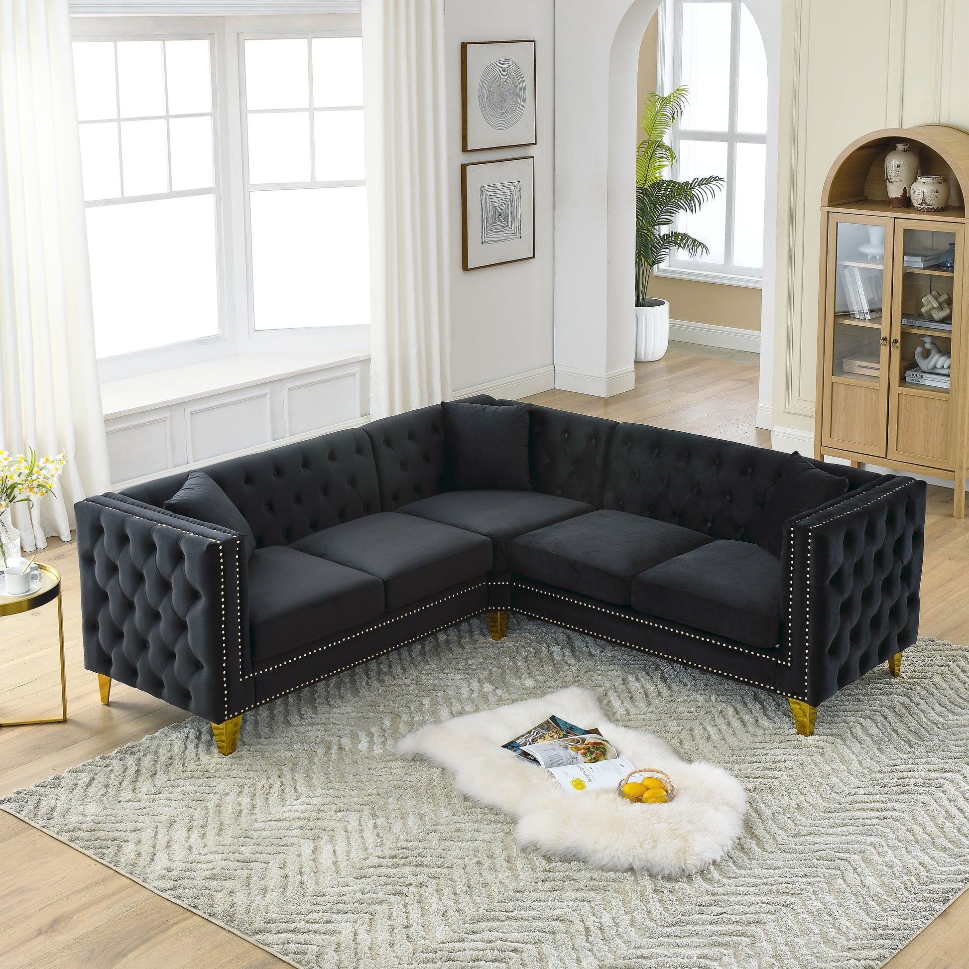 82.2 Inch Velvet Corner Sofa, L Shaped Sectional Couch, 5 Seater Corner Sofas With 3 Cushions For Living Room, Bedroom, Apartment, Office Black Foam Velvet