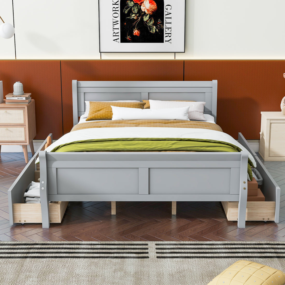 Queen Size Wood Platform Bed With 4 Drawers And Streamlined Headboard & Footboard, Gray Queen Gray Solid Wood Mdf