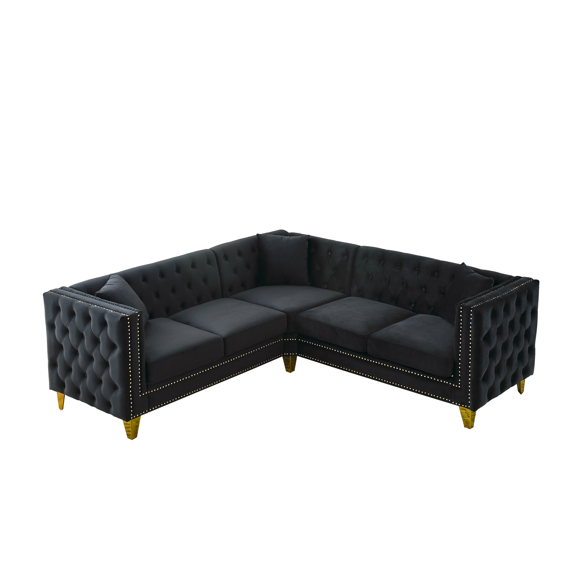 82.2 Inch Velvet Corner Sofa, L Shaped Sectional Couch, 5 Seater Corner Sofas With 3 Cushions For Living Room, Bedroom, Apartment, Office Black Foam Velvet