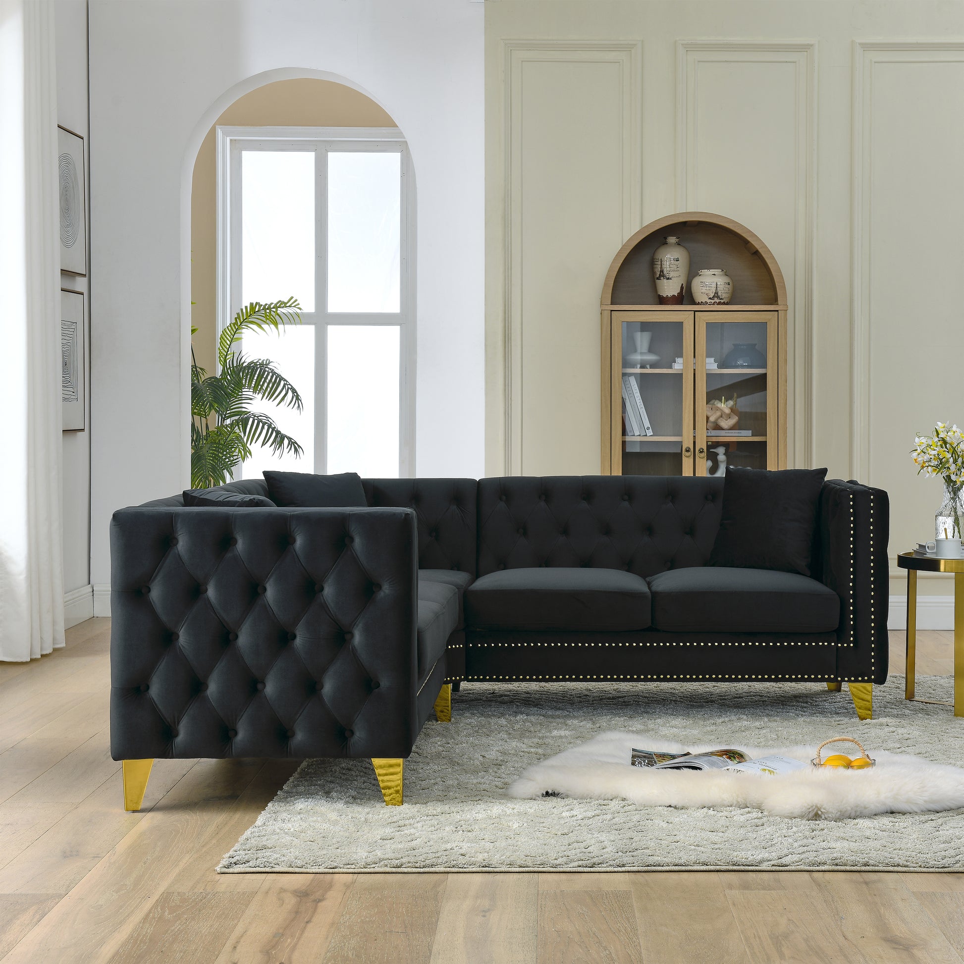 82.2 Inch Velvet Corner Sofa, L Shaped Sectional Couch, 5 Seater Corner Sofas With 3 Cushions For Living Room, Bedroom, Apartment, Office Black Foam Velvet