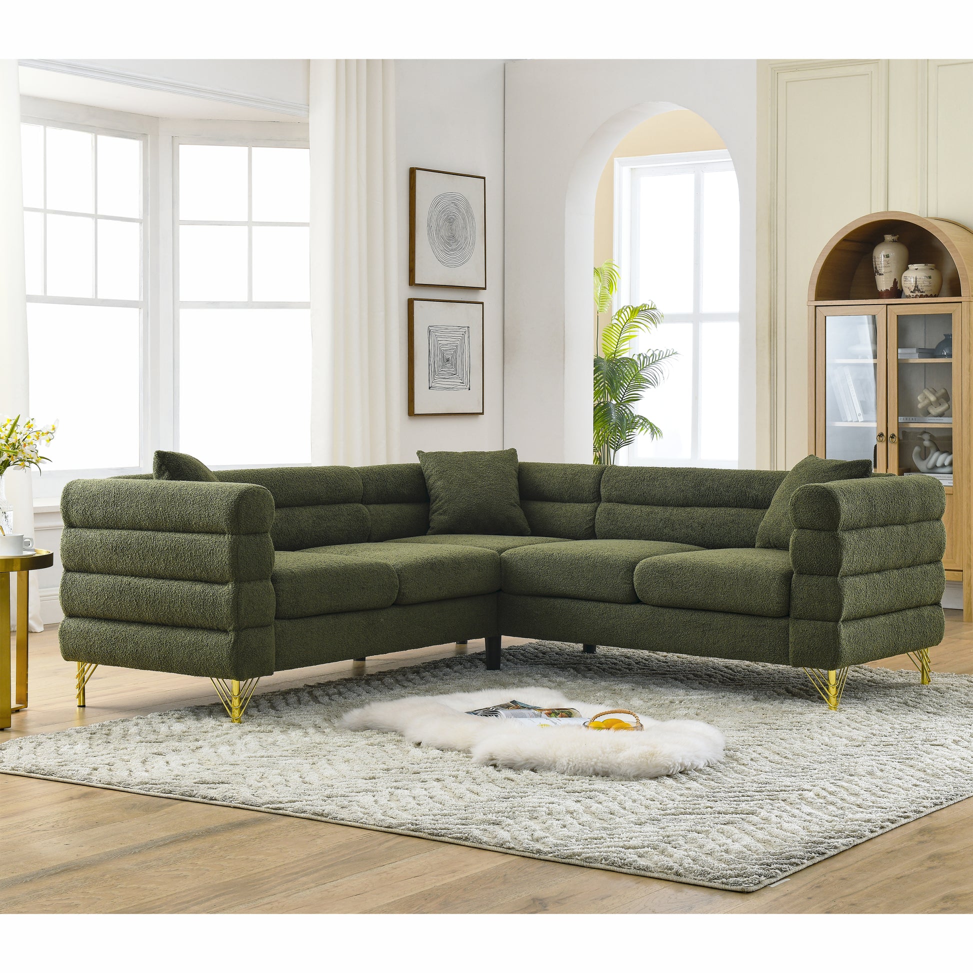 81.5 Inch Oversized Corner Sofa, L Shaped Sectional Couch,5 Seater Corner Sofas With 3 Cushions For Living Room, Bedroom, Apartment, Office Green Foam Teddy