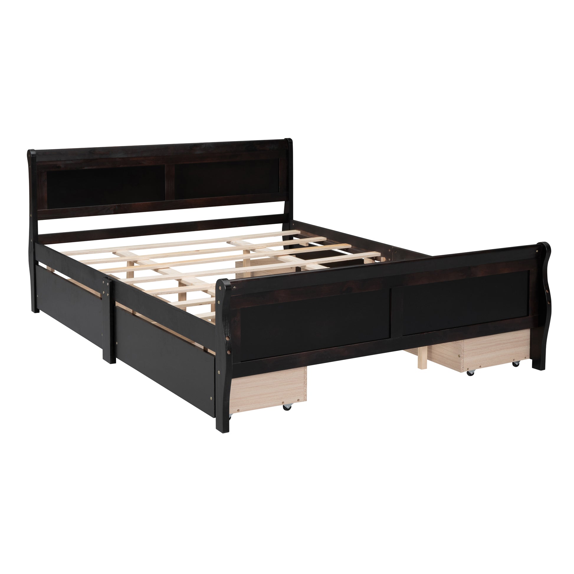 Queen Size Wood Platform Bed With 4 Drawers And Streamlined Headboard & Footboard, Espresso Queen Espresso Solid Wood Mdf