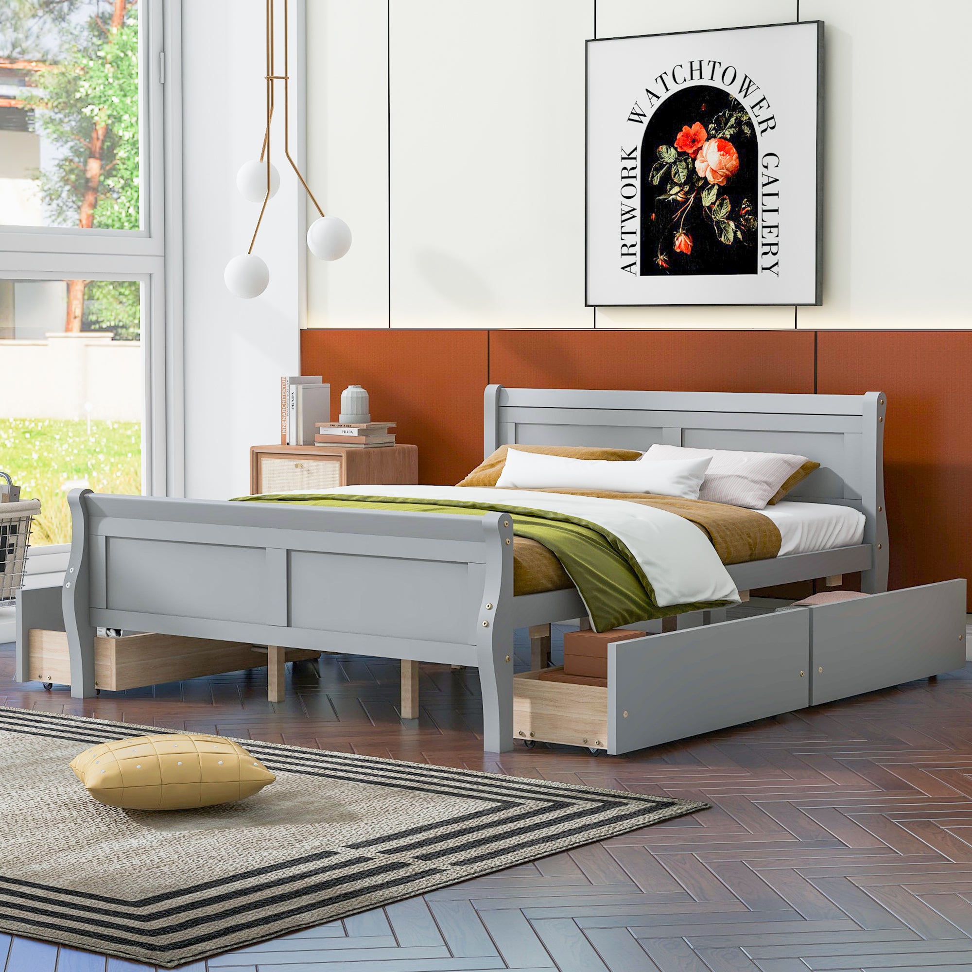 Queen Size Wood Platform Bed With 4 Drawers And Streamlined Headboard & Footboard, Gray Queen Gray Solid Wood Mdf
