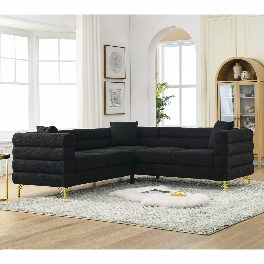81.5 Inch Oversized Corner Sofa, L Shaped Sectional Couch,5 Seater Corner Sofas With 3 Cushions For Living Room, Bedroom, Apartment, Office Black Foam Teddy