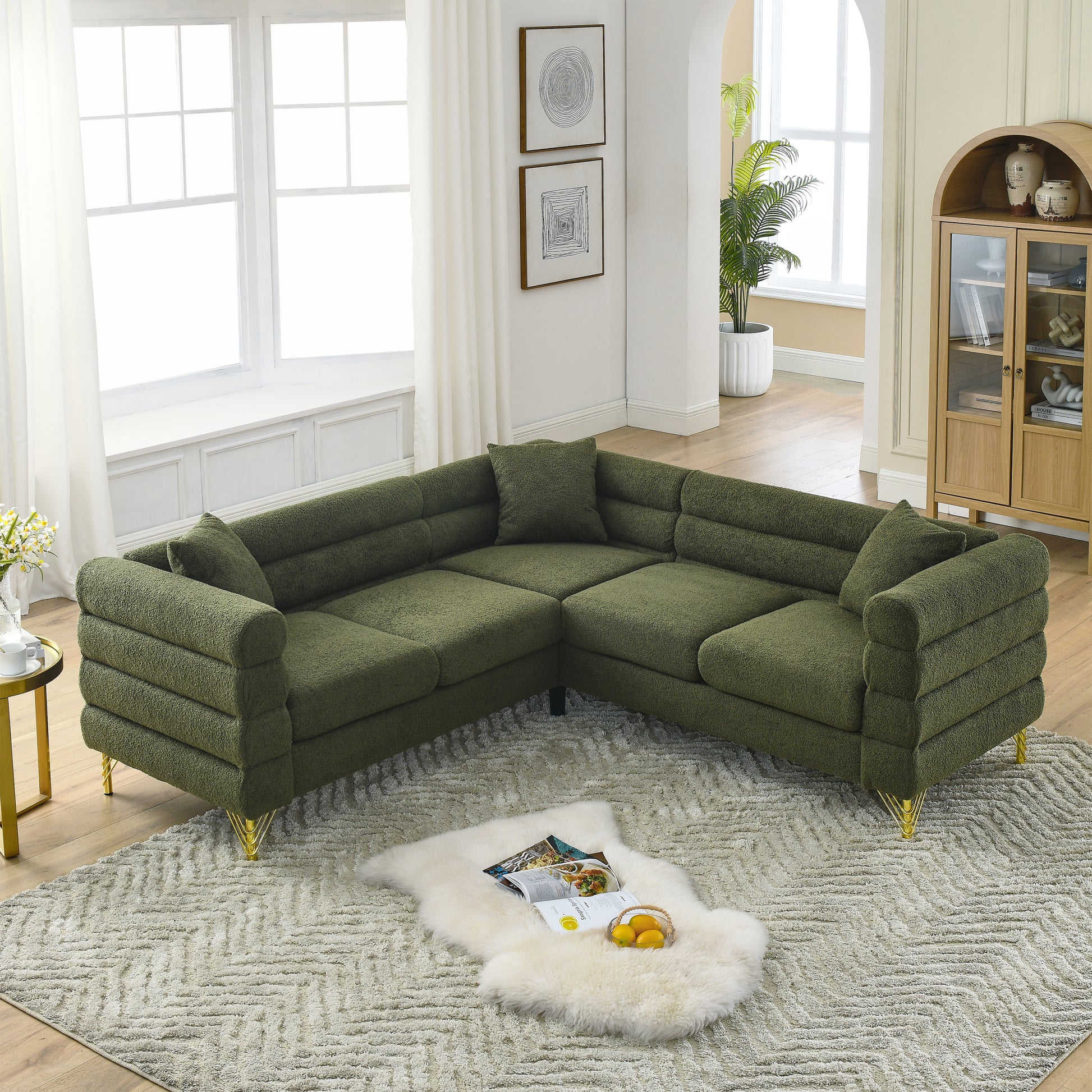 81.5 Inch Oversized Corner Sofa, L Shaped Sectional Couch,5 Seater Corner Sofas With 3 Cushions For Living Room, Bedroom, Apartment, Office Green Foam Teddy