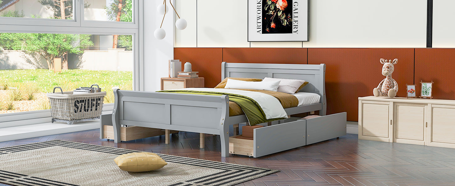Queen Size Wood Platform Bed With 4 Drawers And Streamlined Headboard & Footboard, Gray Queen Gray Solid Wood Mdf