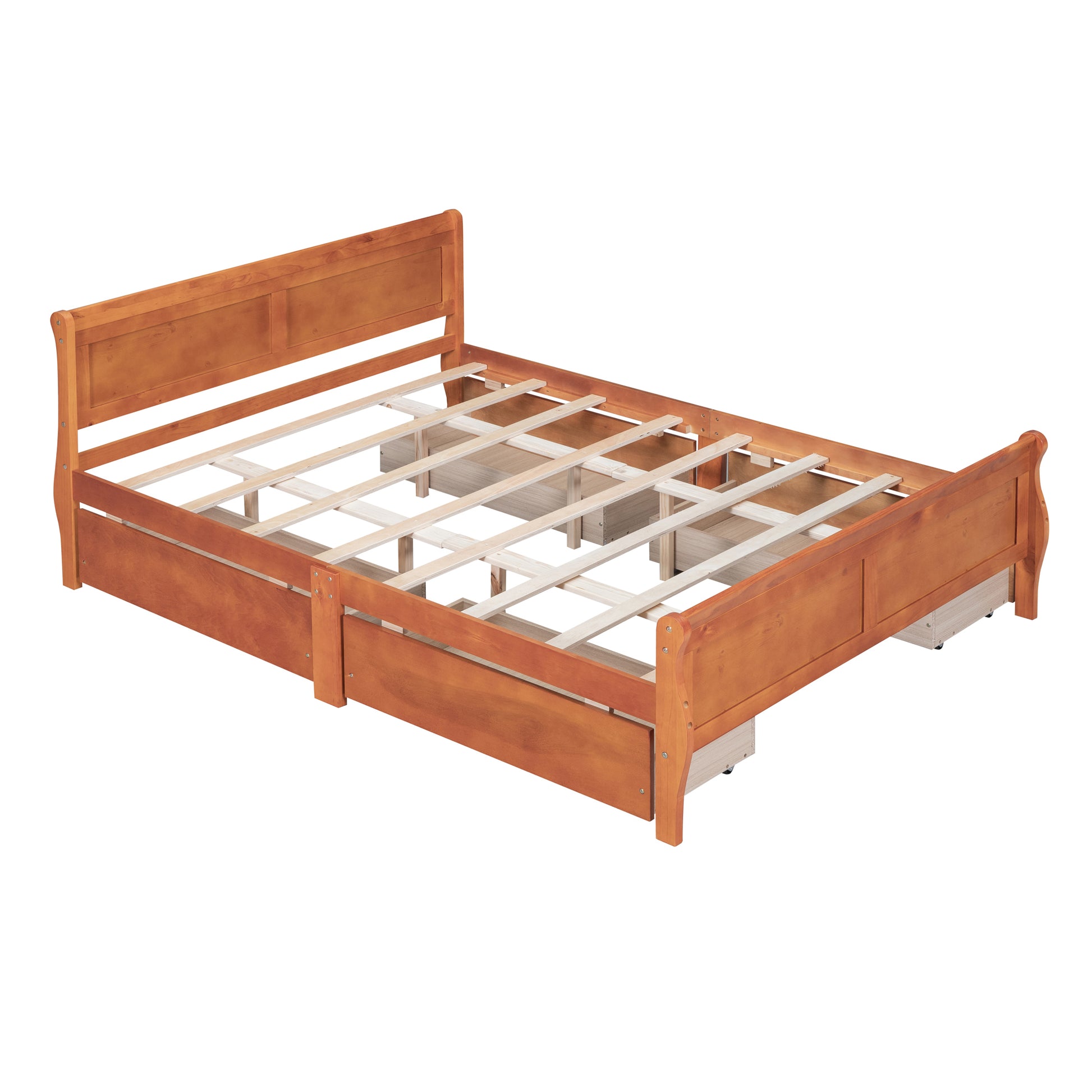 Queen Size Wood Platform Bed With 4 Drawers And Streamlined Headboard & Footboard, Oak Queen Oak Solid Wood Mdf