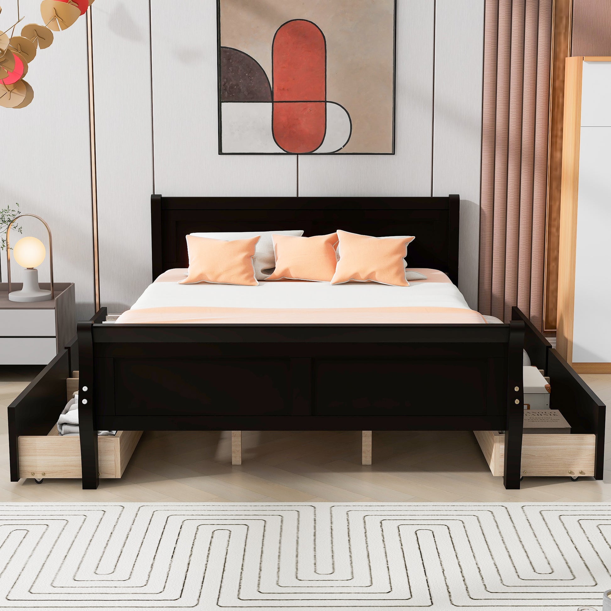 Queen Size Wood Platform Bed With 4 Drawers And Streamlined Headboard & Footboard, Espresso Queen Espresso Solid Wood Mdf