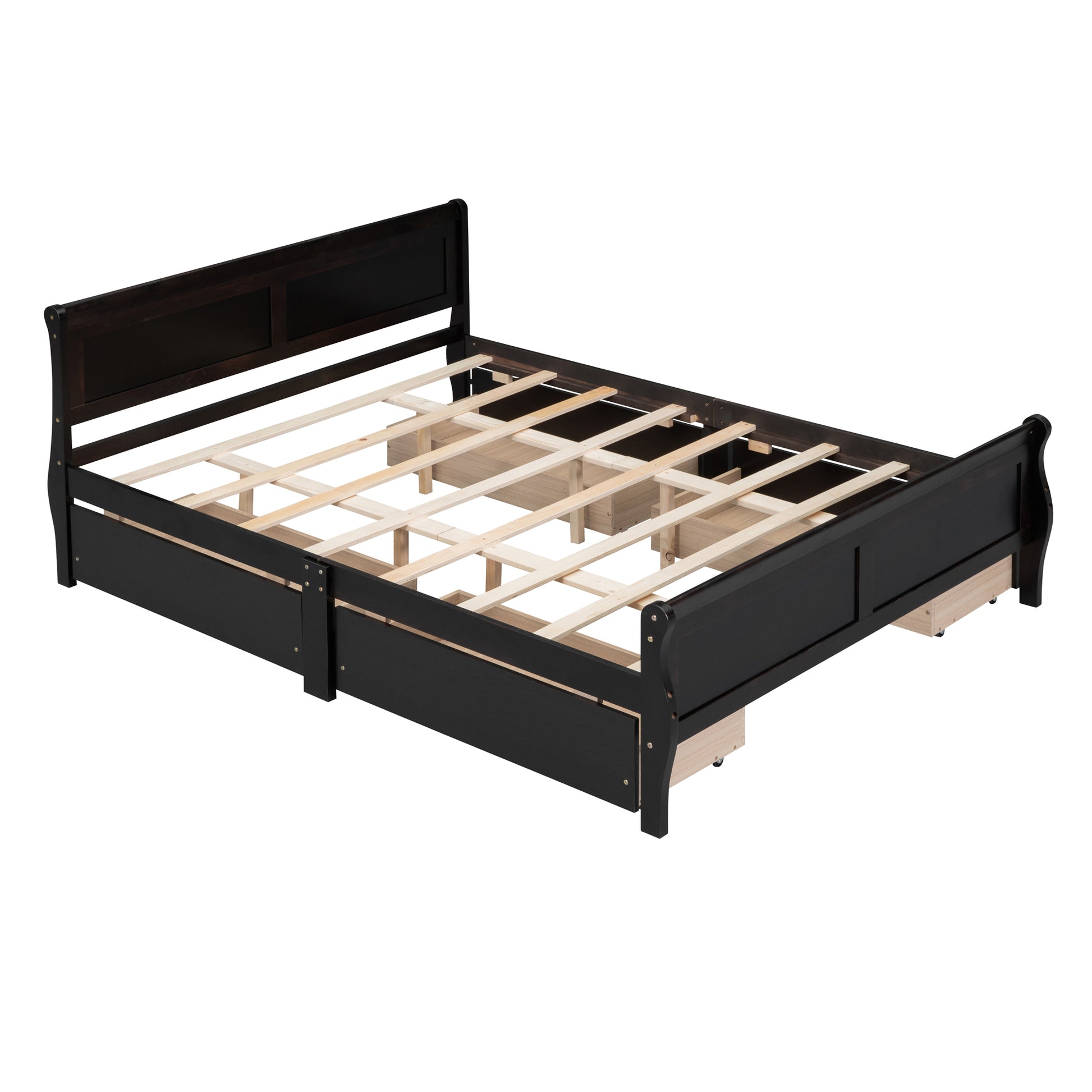 Queen Size Wood Platform Bed With 4 Drawers And Streamlined Headboard & Footboard, Espresso Queen Espresso Solid Wood Mdf