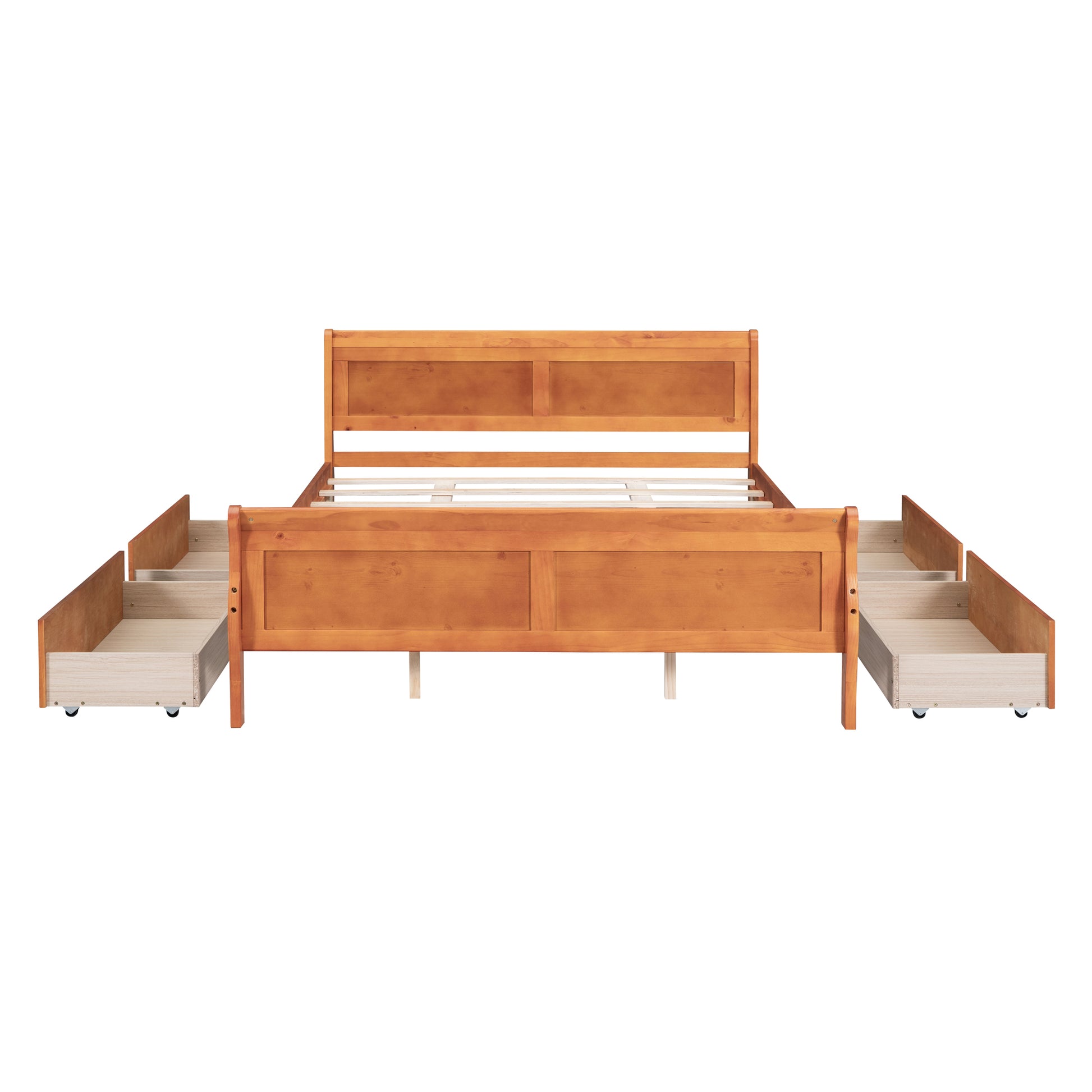 Queen Size Wood Platform Bed With 4 Drawers And Streamlined Headboard & Footboard, Oak Queen Oak Solid Wood Mdf