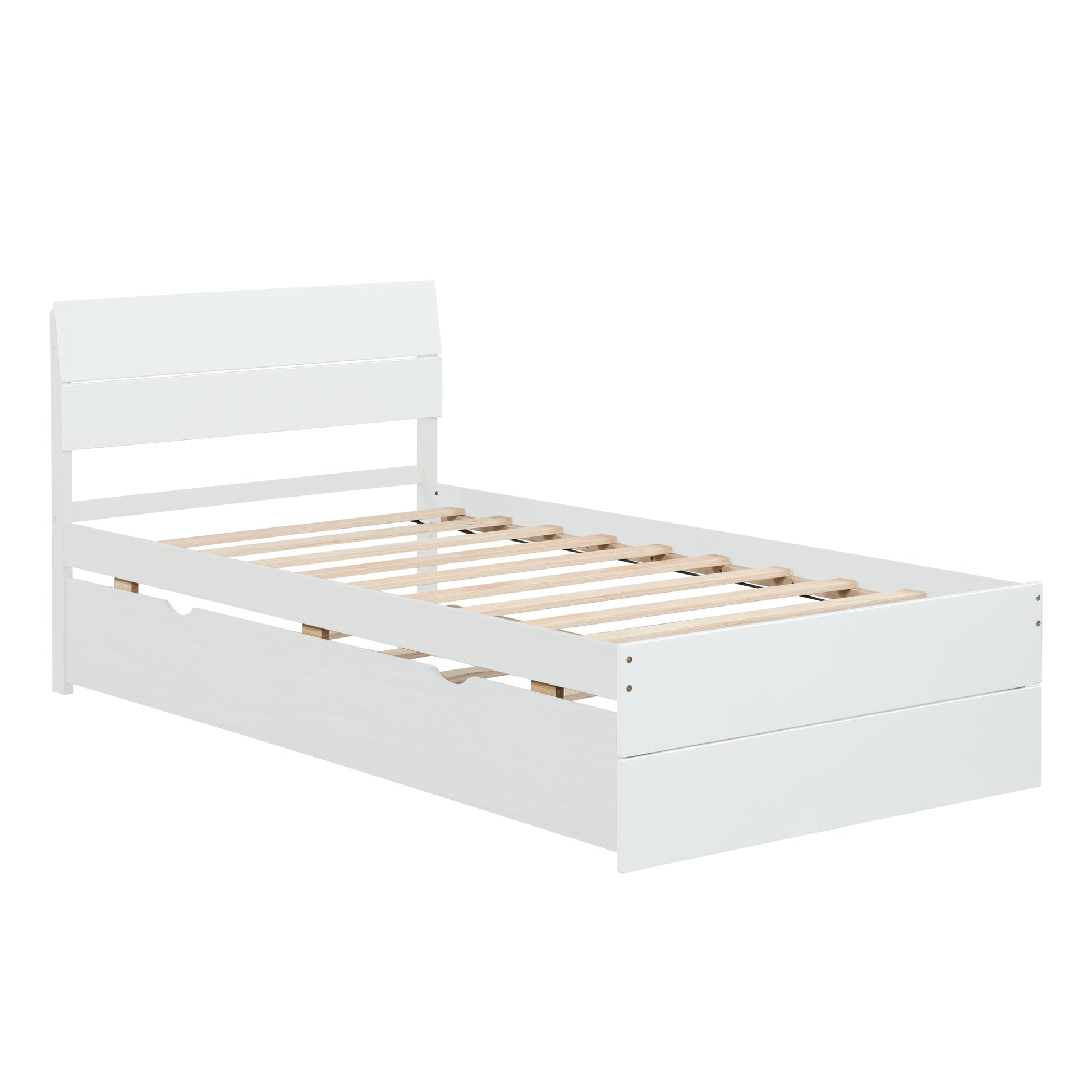 Modern Twin Bed Frame With Twin Trundle For White High Gloss Headboard And Footboard With Creamy White Color Twin Creamy White,White Bedroom Mdf,Rubber Wood