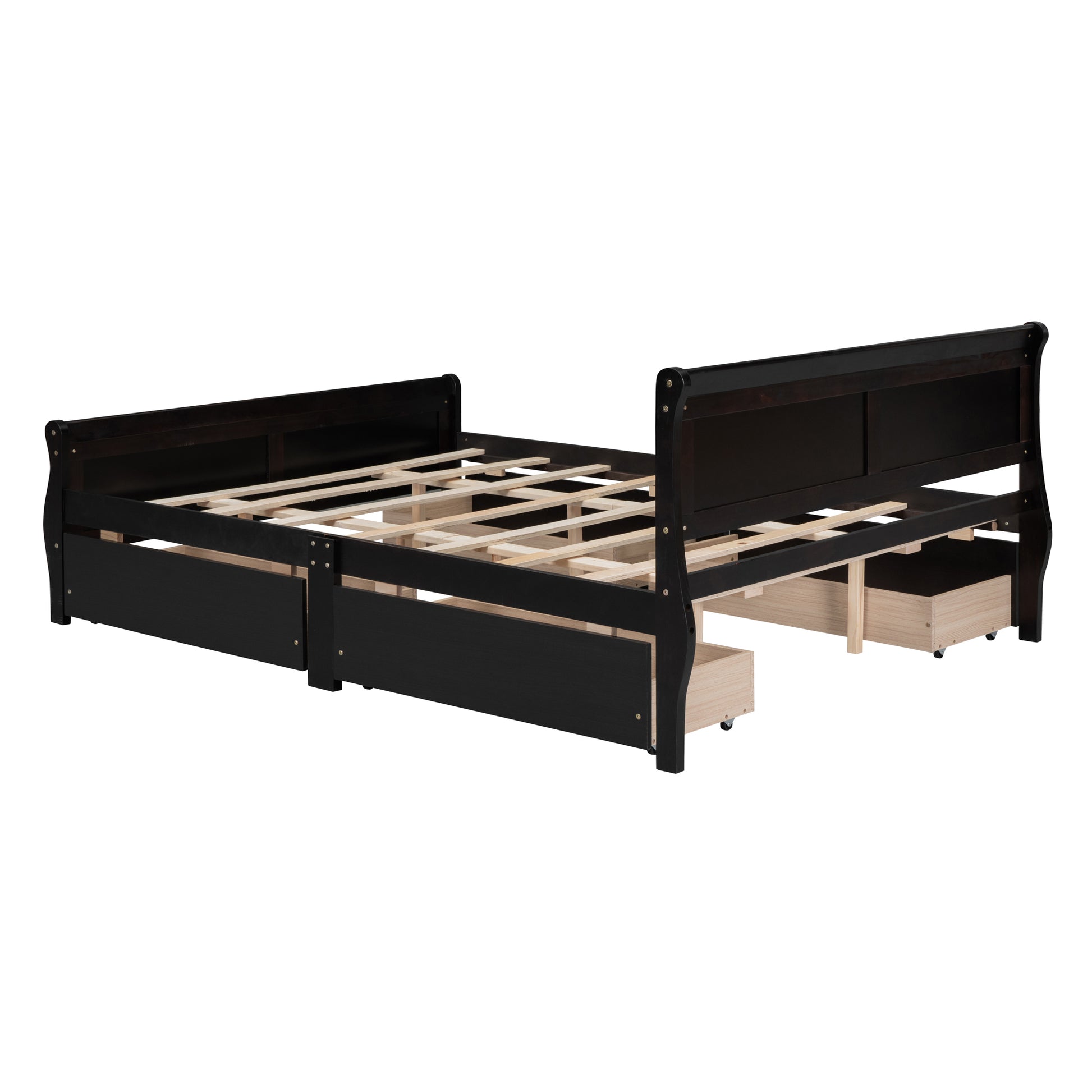 Queen Size Wood Platform Bed With 4 Drawers And Streamlined Headboard & Footboard, Espresso Queen Espresso Solid Wood Mdf