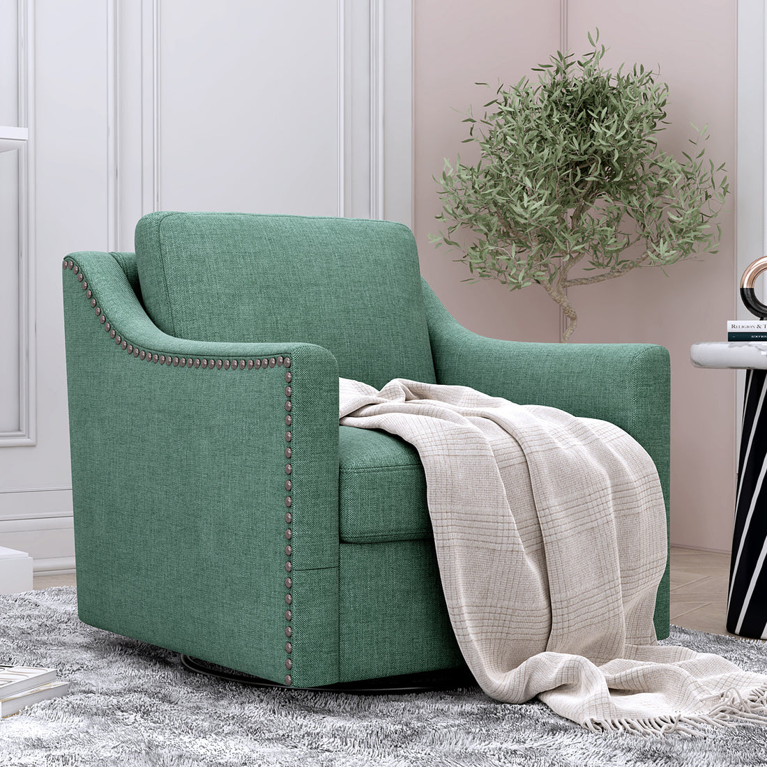360 Degree Swivel Armchair Cotton Linen Skin Friendly Fabric Ergonomic Design Brass Nail Decorative Armchair Living Room Chairs Bedroom Chairs Living Room Chairs Black Legs Suitable For Indoor Homes