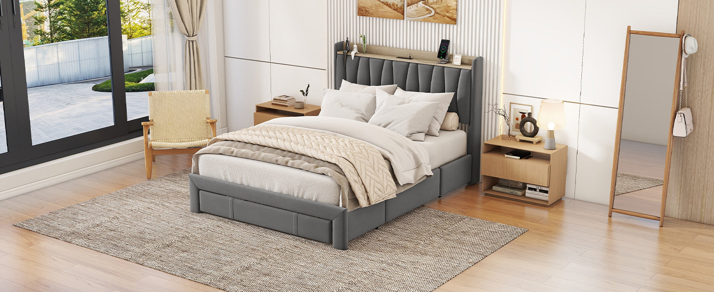 Queen Size Bed Frame With Storage Headboard And Charging Station, Upholstered Platform Bed With 3 Drawers, No Box Spring Needed, Dark Gray Dark Gray Velvet